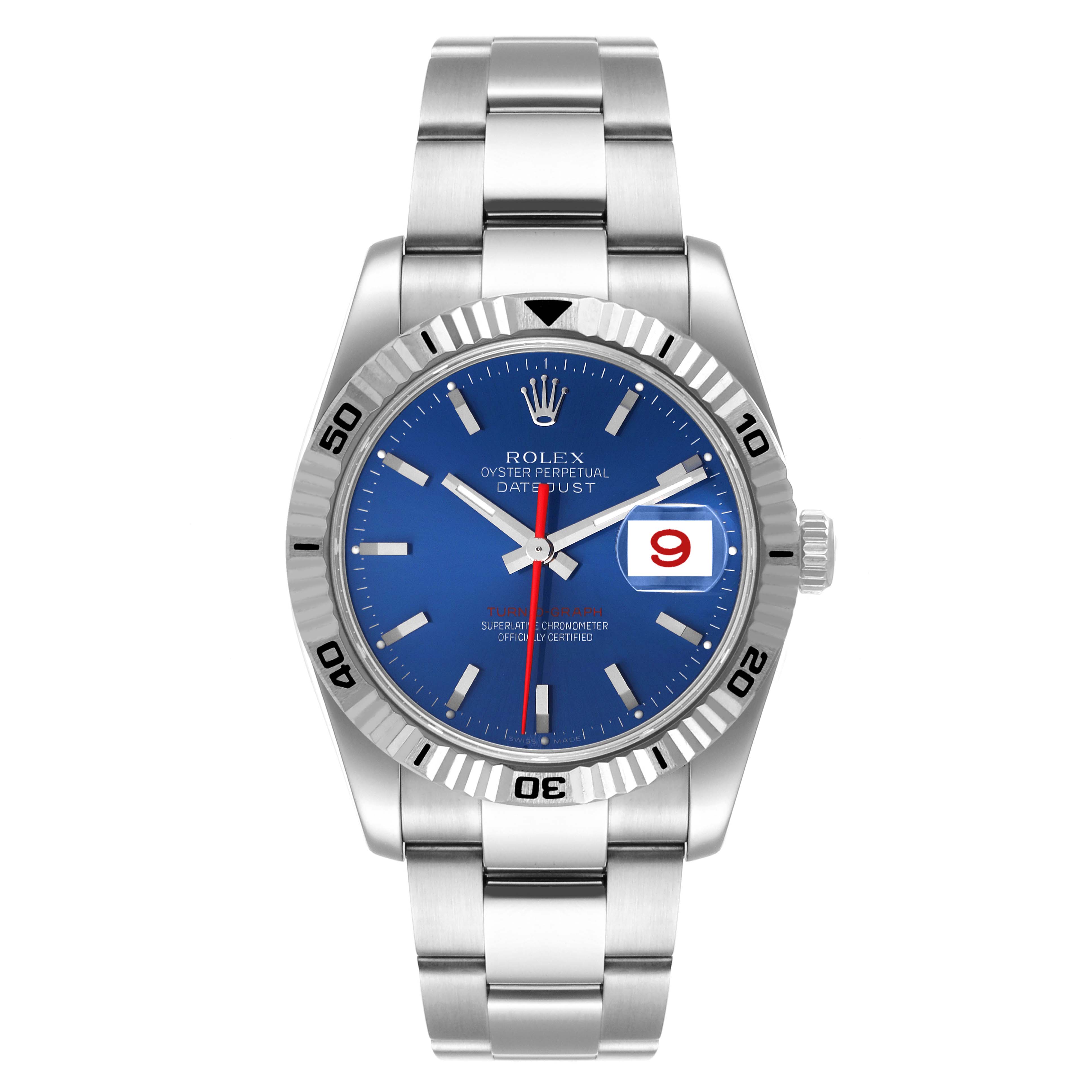 This image shows the front view of a Rolex Turn-o-Graph 116264 Men's Stainless Steel Blue Dial 116264 Men's Stainless Steel Blue Dial watch, showcasing its bezel, dial, hands, and bracelet.