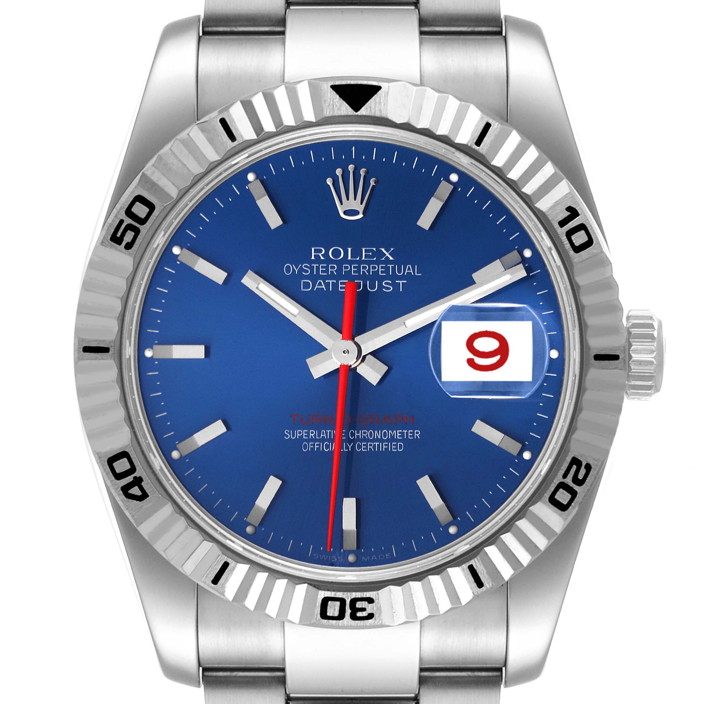 The image shows a front view of a Rolex Turn-o-Graph 116264 Men's Stainless Steel Blue Dial 116264 Men's Stainless Steel Blue Dial Oyster Perpetual Datejust watch, displaying its blue dial, fluted bezel, and date window.