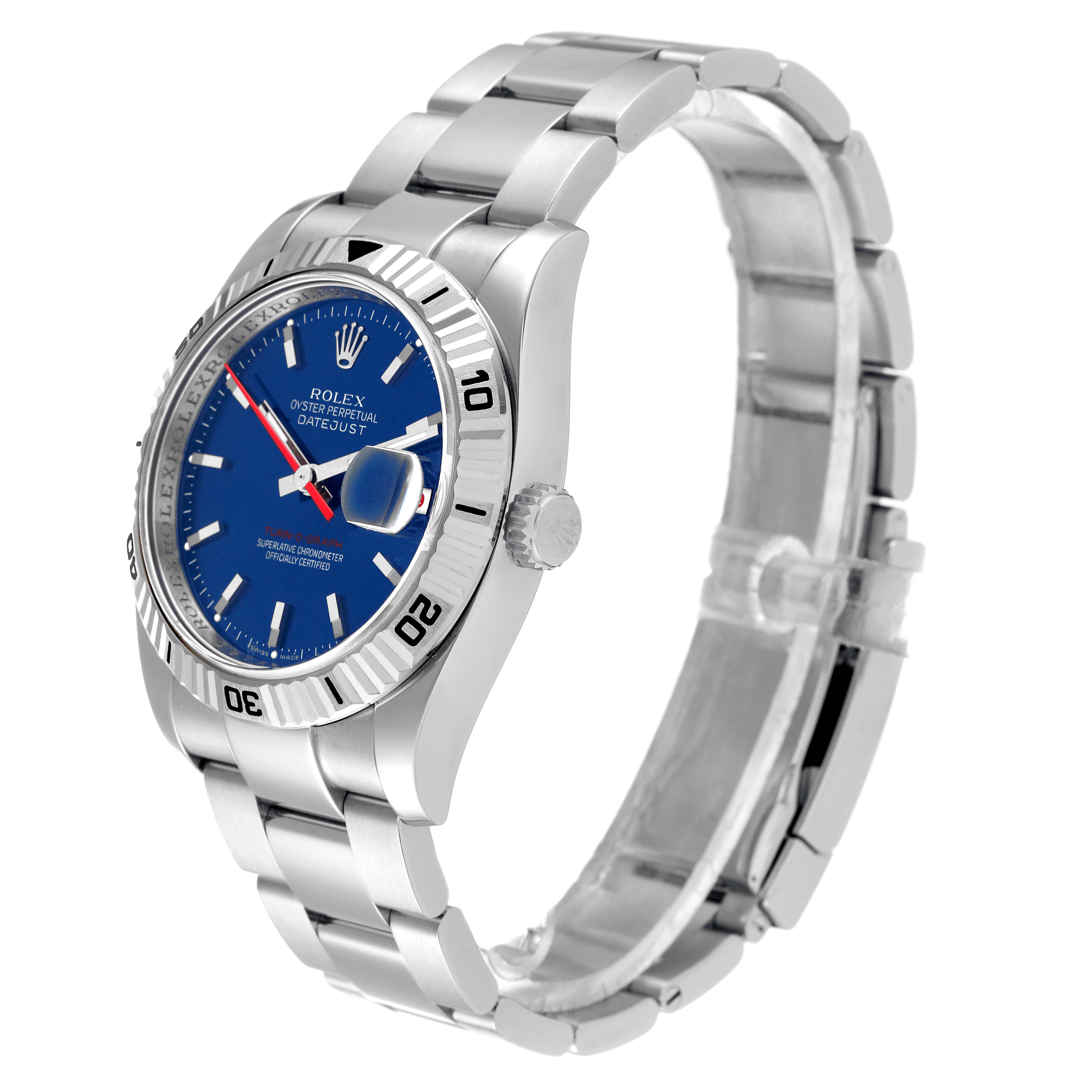 This image shows a Rolex Turn-o-Graph 116264 Men's Stainless Steel Blue Dial 116264 Men's Stainless Steel Blue Dial watch from an angled side view, highlighting its blue dial, bezel, and bracelet.