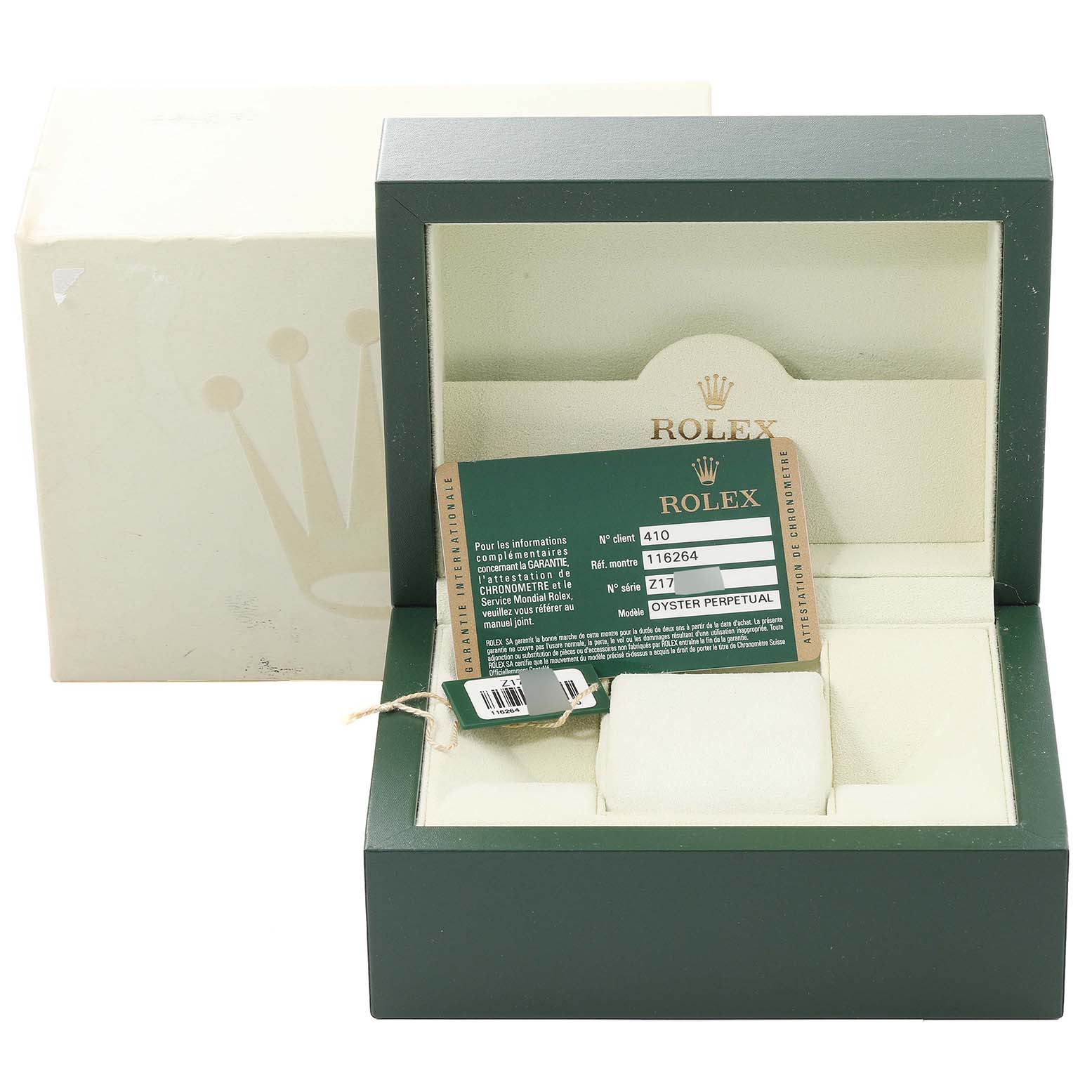 The image shows the open case and box for a Rolex Turn-o-Graph 116264 Men's Stainless Steel Blue Dial 116264 Men's Stainless Steel Blue Dial model, highlighting the interior cushion and warranty card.