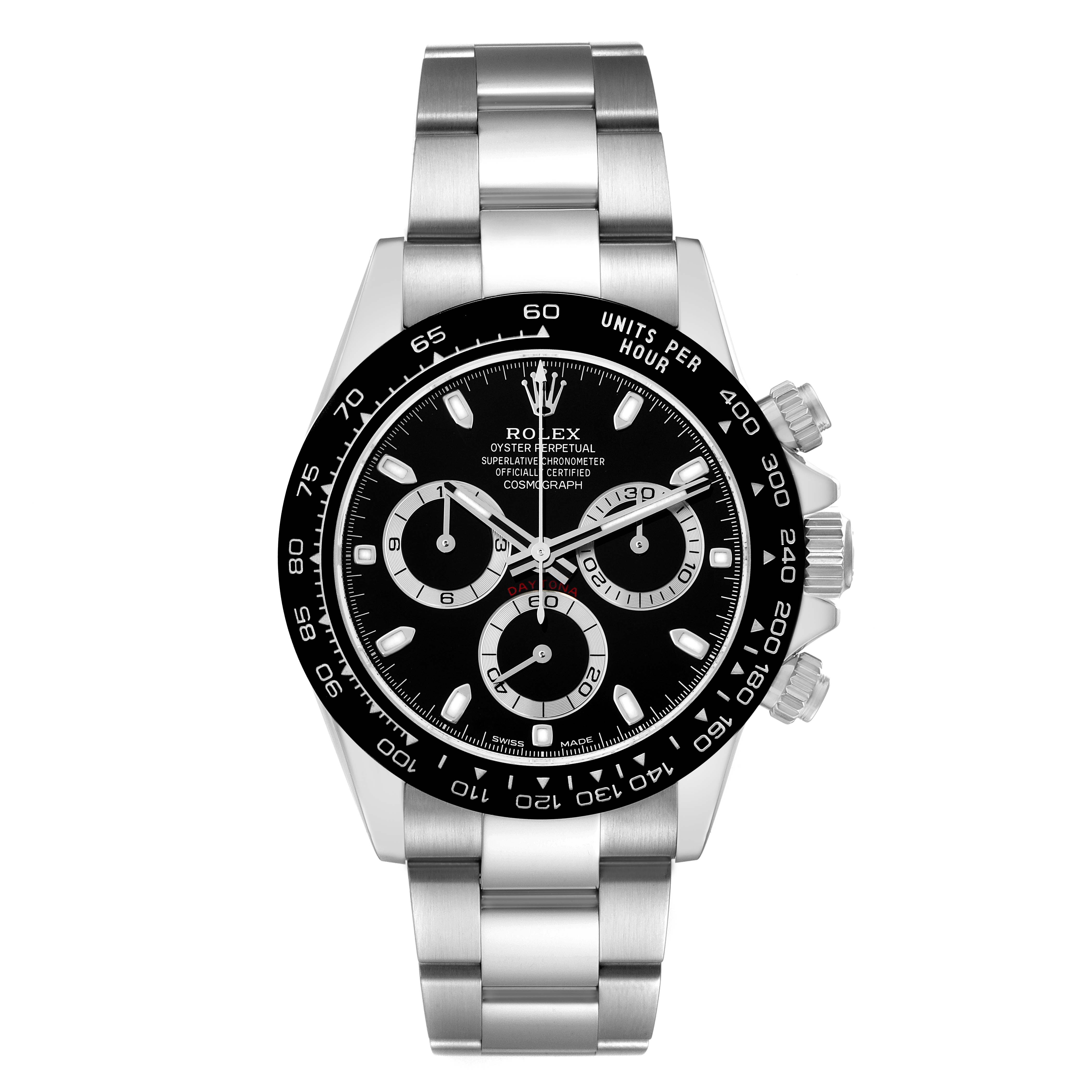 The Rolex Daytona 116500 Men
s Stainless Steel Black Dial watch is shown from the front, highlighting the bezel, face, dials, crown, and stainless steel bracelet.