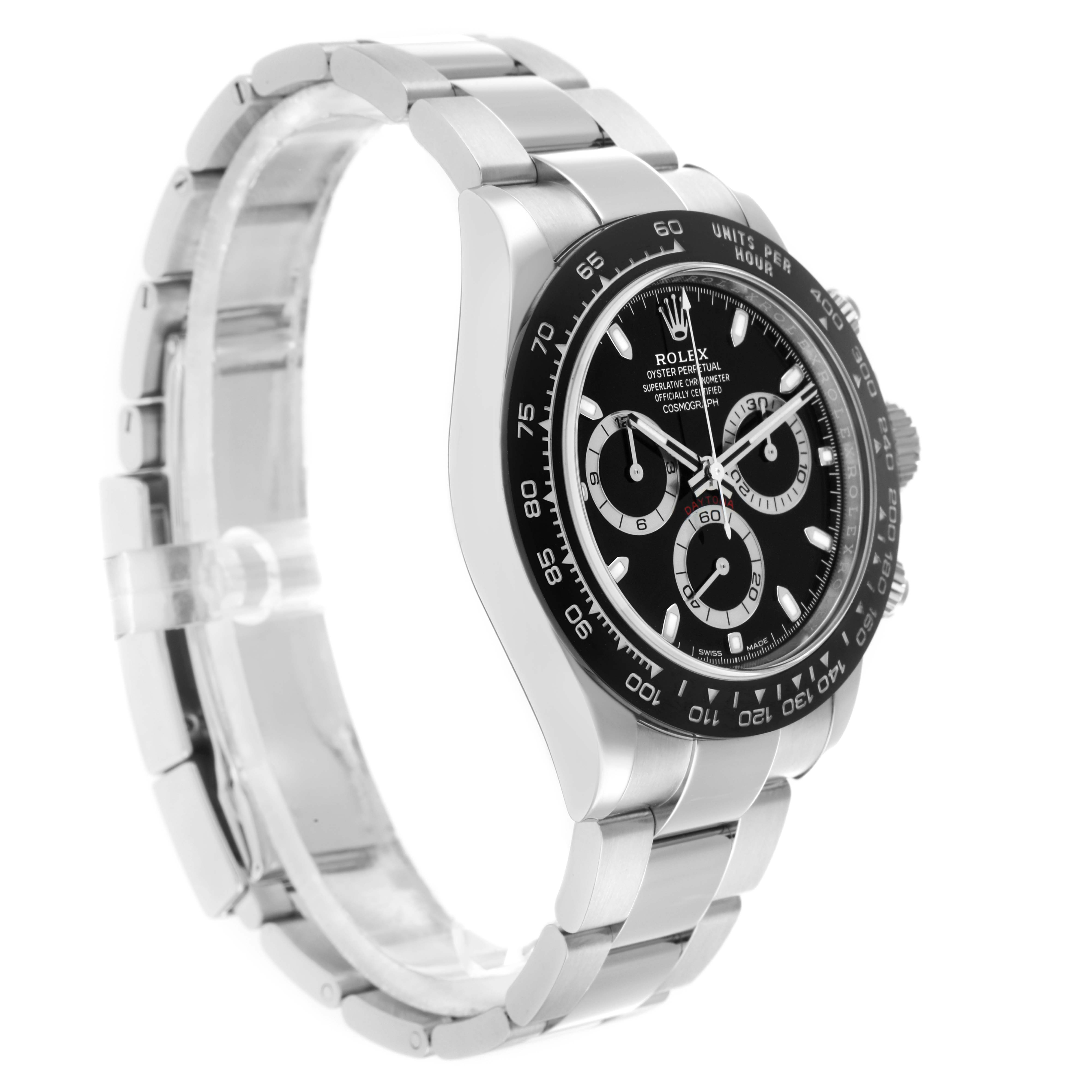 The Rolex Daytona 116500 Men
s Stainless Steel Black Dial watch is shown at a three-quarter angle, highlighting the face, bezel, bracelet, and side pushers.