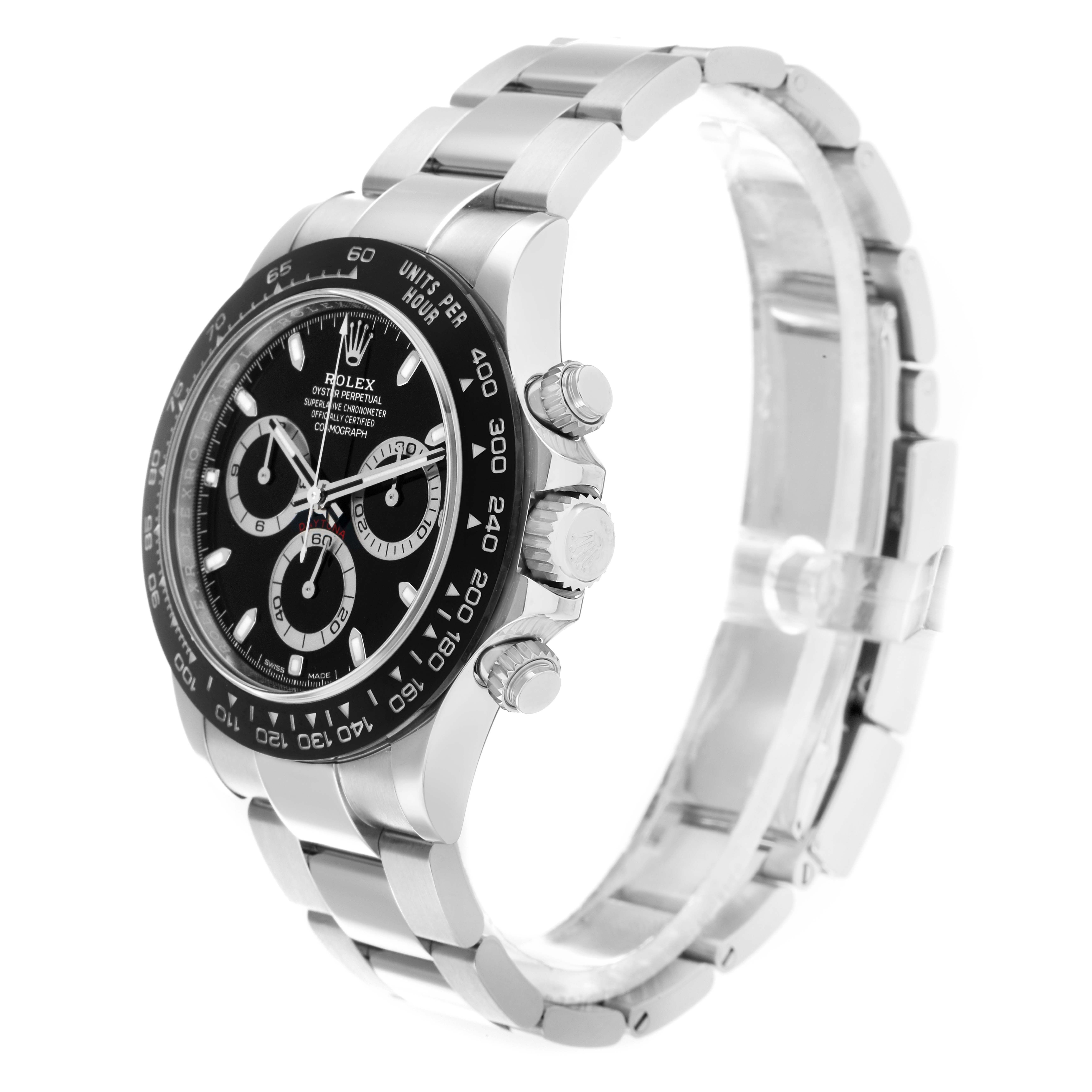 The Rolex Daytona 116500 Men
s Stainless Steel Black Dial watch is shown at an angled side view, highlighting its face, bezel, pushers, and bracelet.