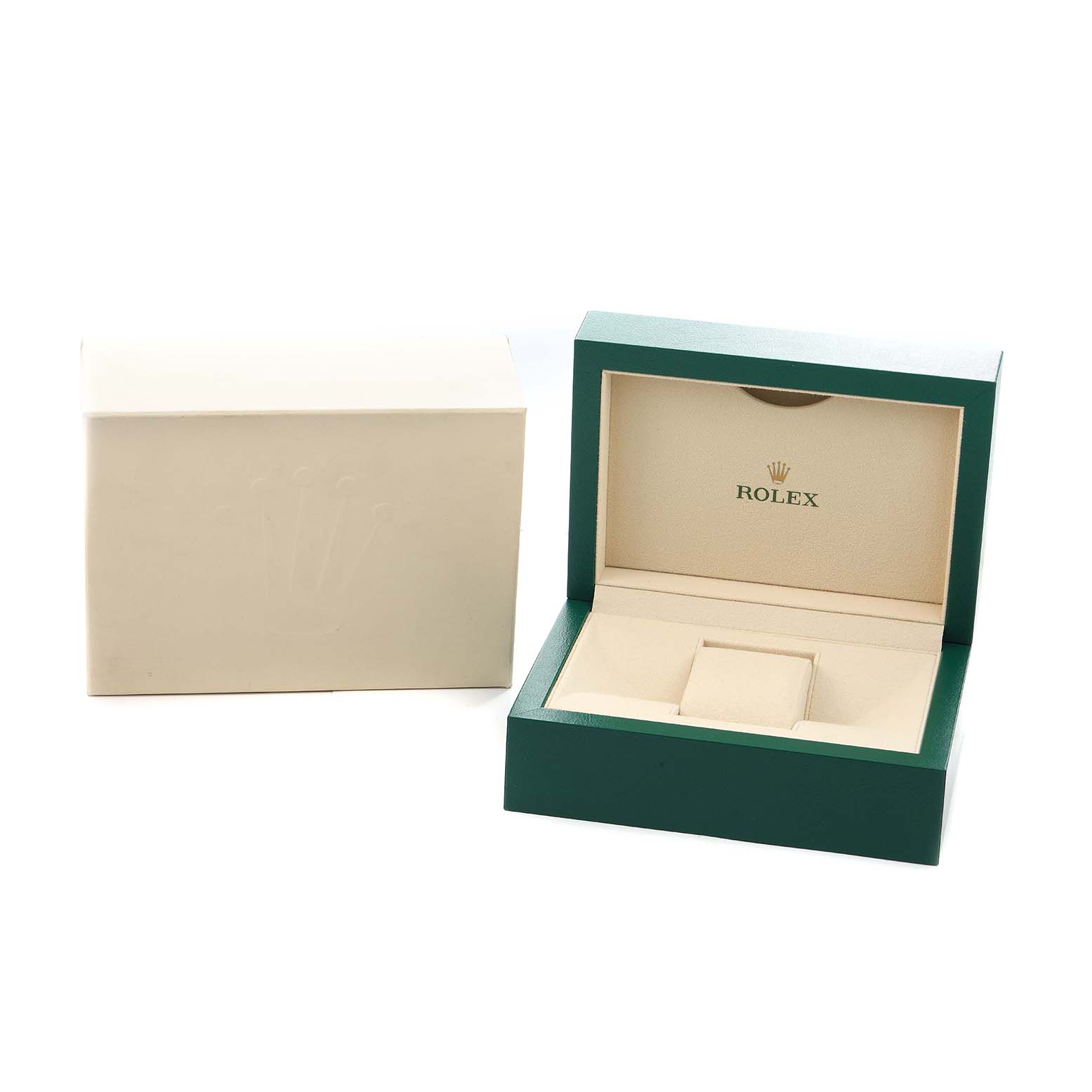 The image shows an open Rolex Daytona 116500 Men
s Stainless Steel Black Dial watch box with green exterior and beige interior, alongside a matching beige outer box.
