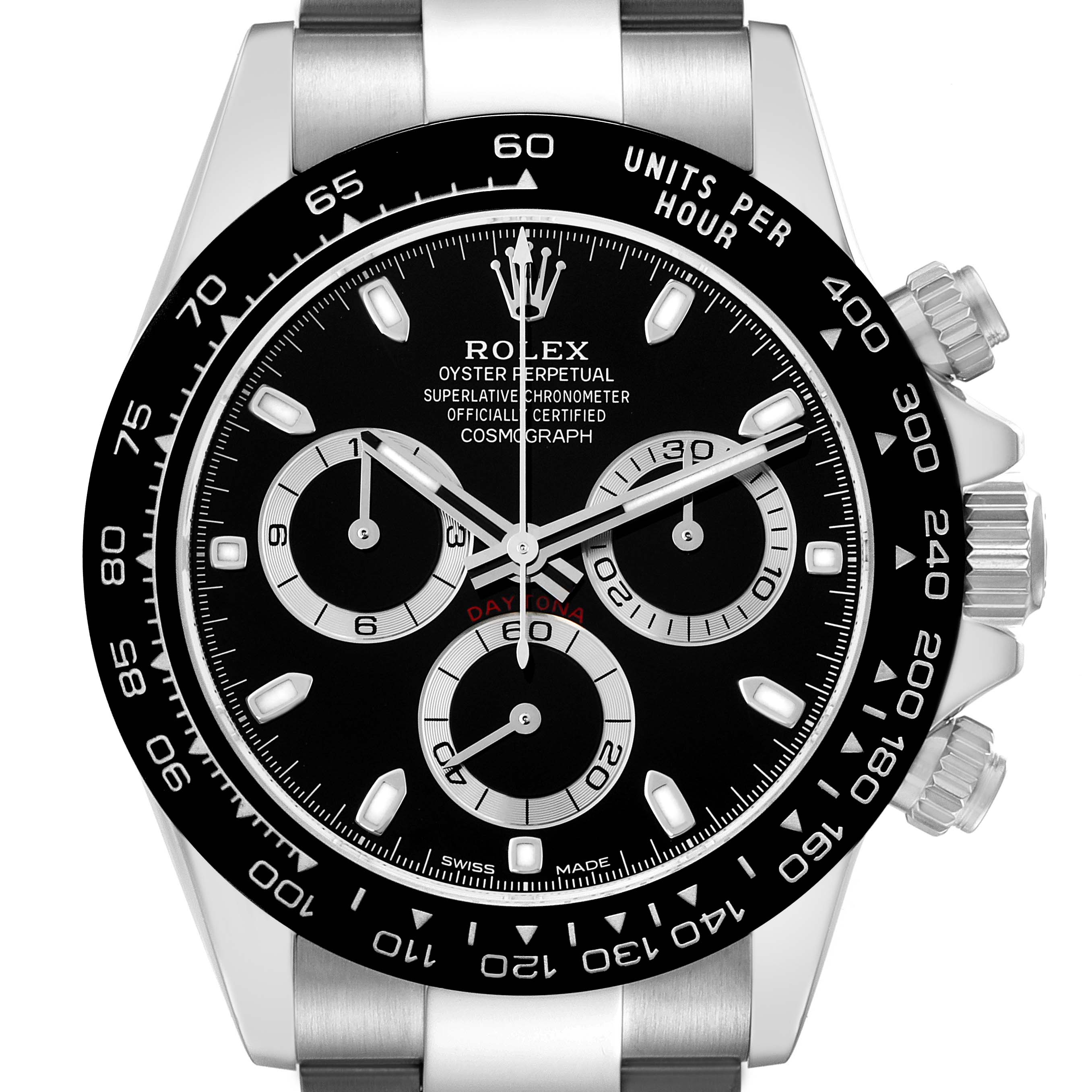 The Rolex Daytona 116500 Men
s Stainless Steel Black Dial watch is shown from a front angle, highlighting the dial, bezel, and chronograph subdials.