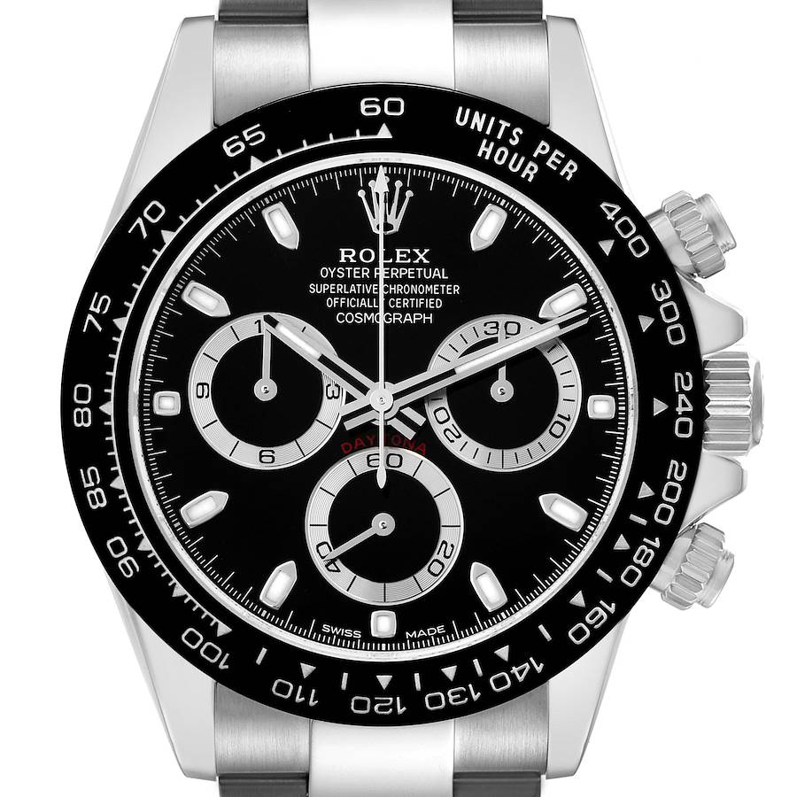 The Rolex Daytona 116500 Men's Stainless Steel Black Dial watch is shown from a front angle, highlighting the dial, bezel, and chronograph subdials.