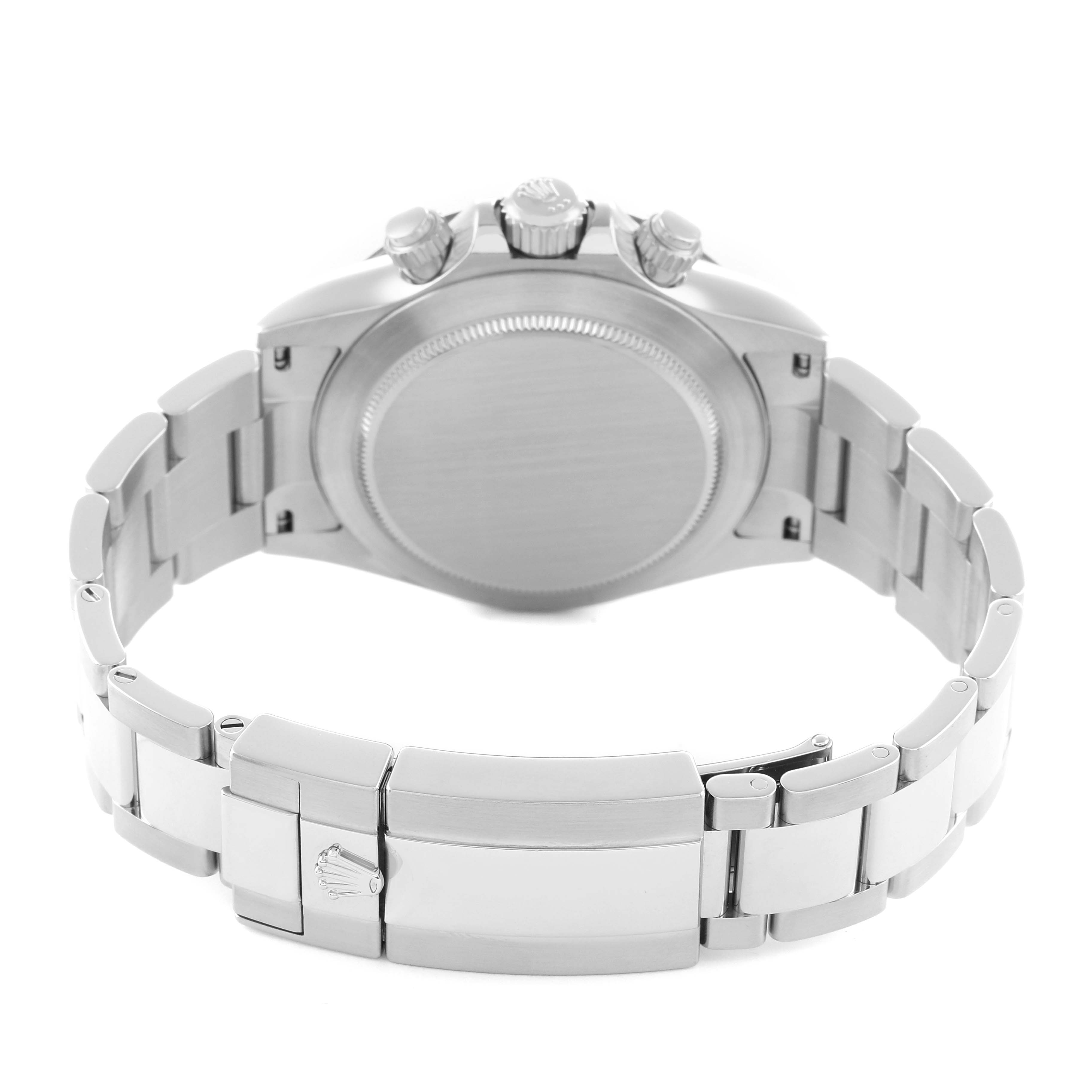 The image shows the back of a Rolex Daytona 116500 Men
s Stainless Steel Black Dial watch, highlighting the case back, bracelet, and clasp.