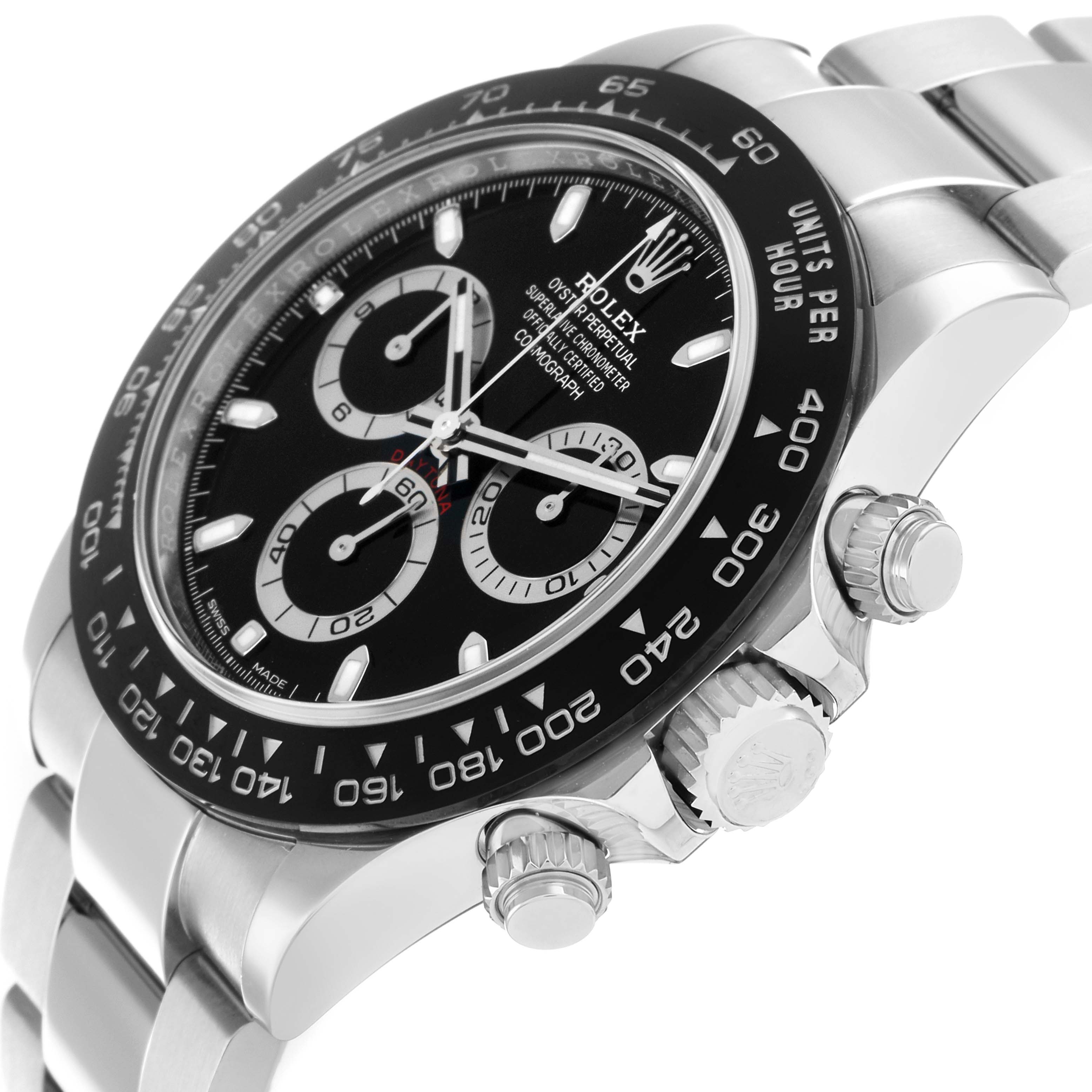 The Rolex Daytona 116500 Men
s Stainless Steel Black Dial watch is shown at an angle highlighting the dial, bezel, and side pushers.