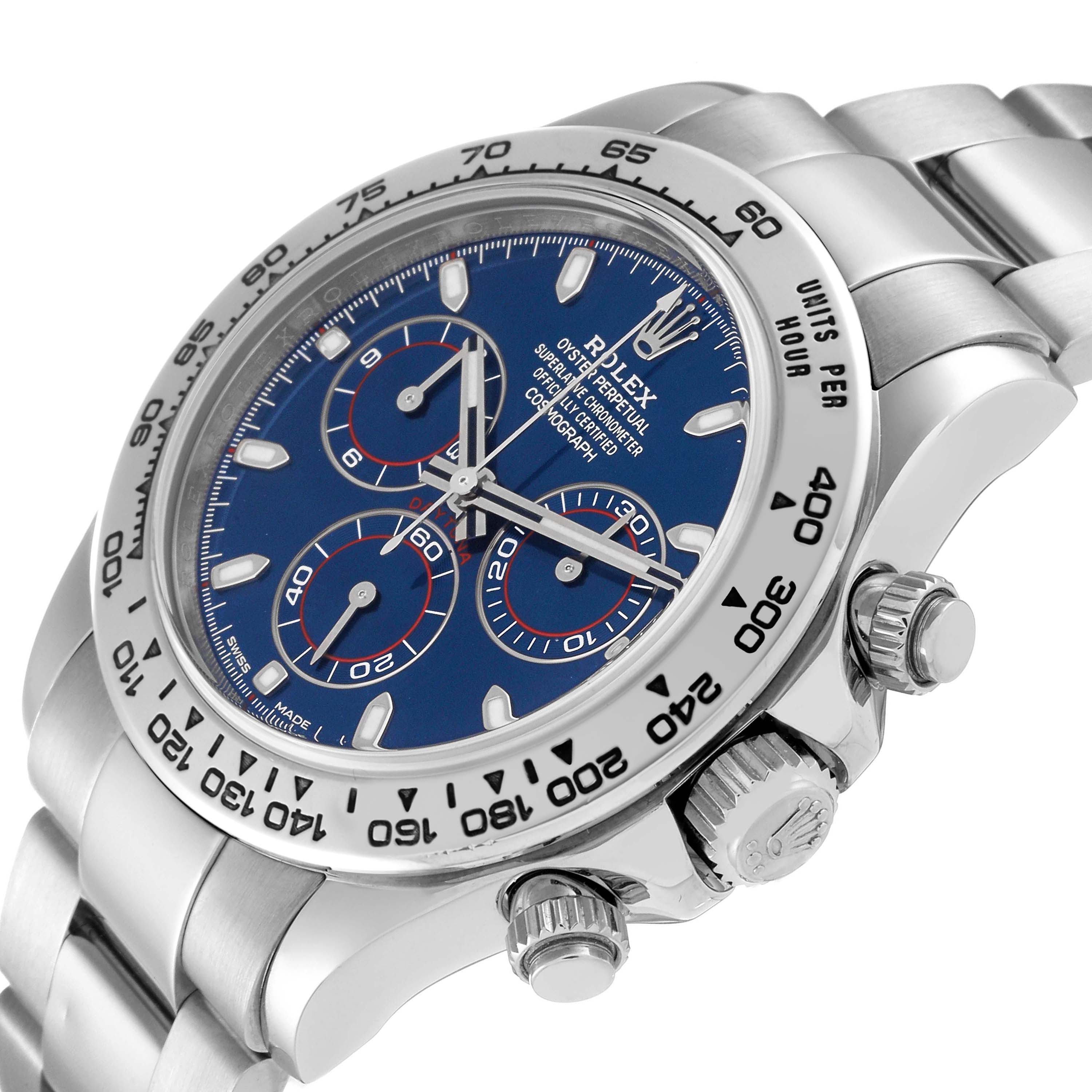 The Rolex Daytona 116509 Men's White Gold Blue Dial 116509 Men's White Gold Blue Dial watch is shown at an angled view highlighting the bezel, dial, pushers, and bracelet.