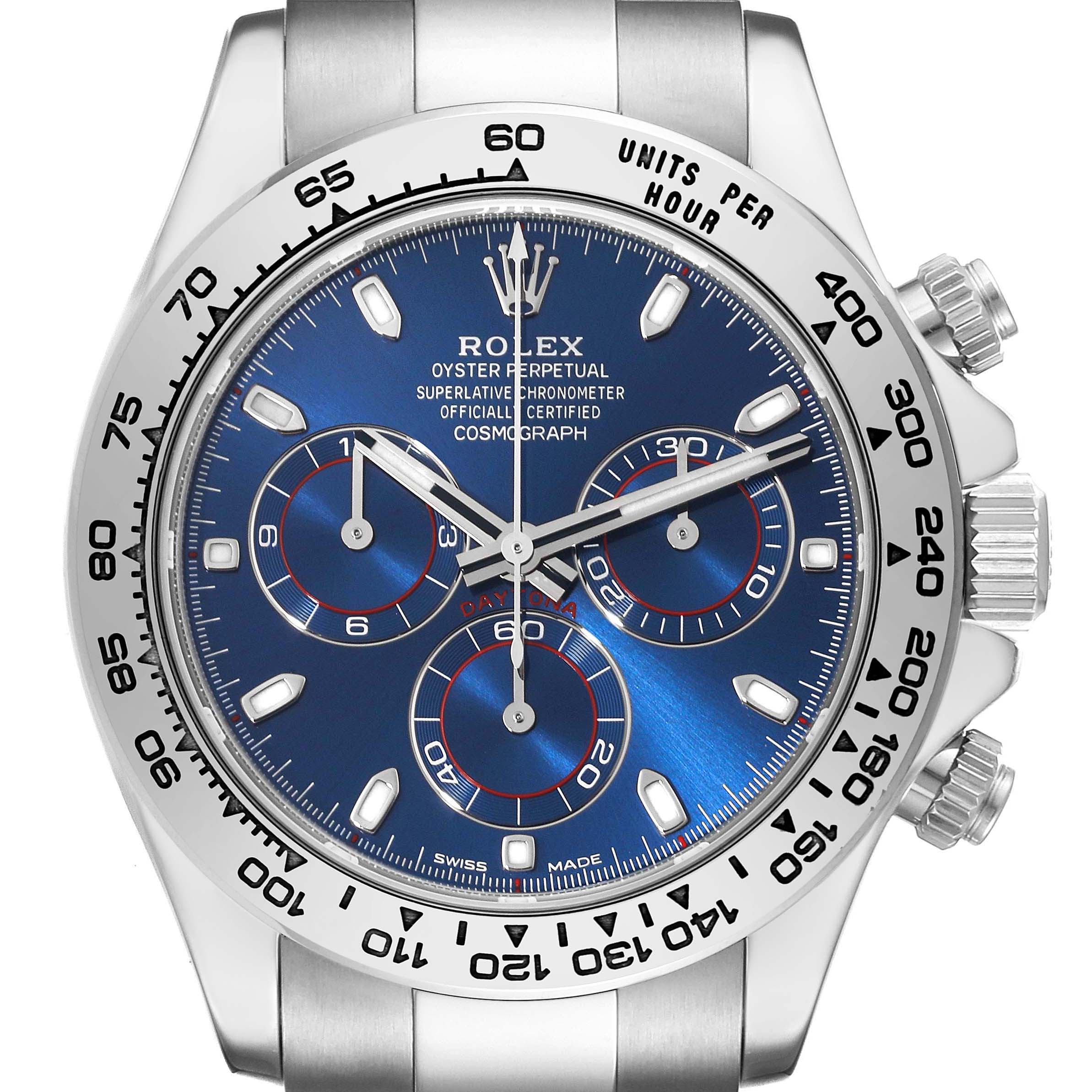 The image shows a close-up front view of a Rolex Daytona 116509 Men's White Gold Blue Dial 116509 Men's White Gold Blue Dial watch, highlighting its blue dial and chronograph features.