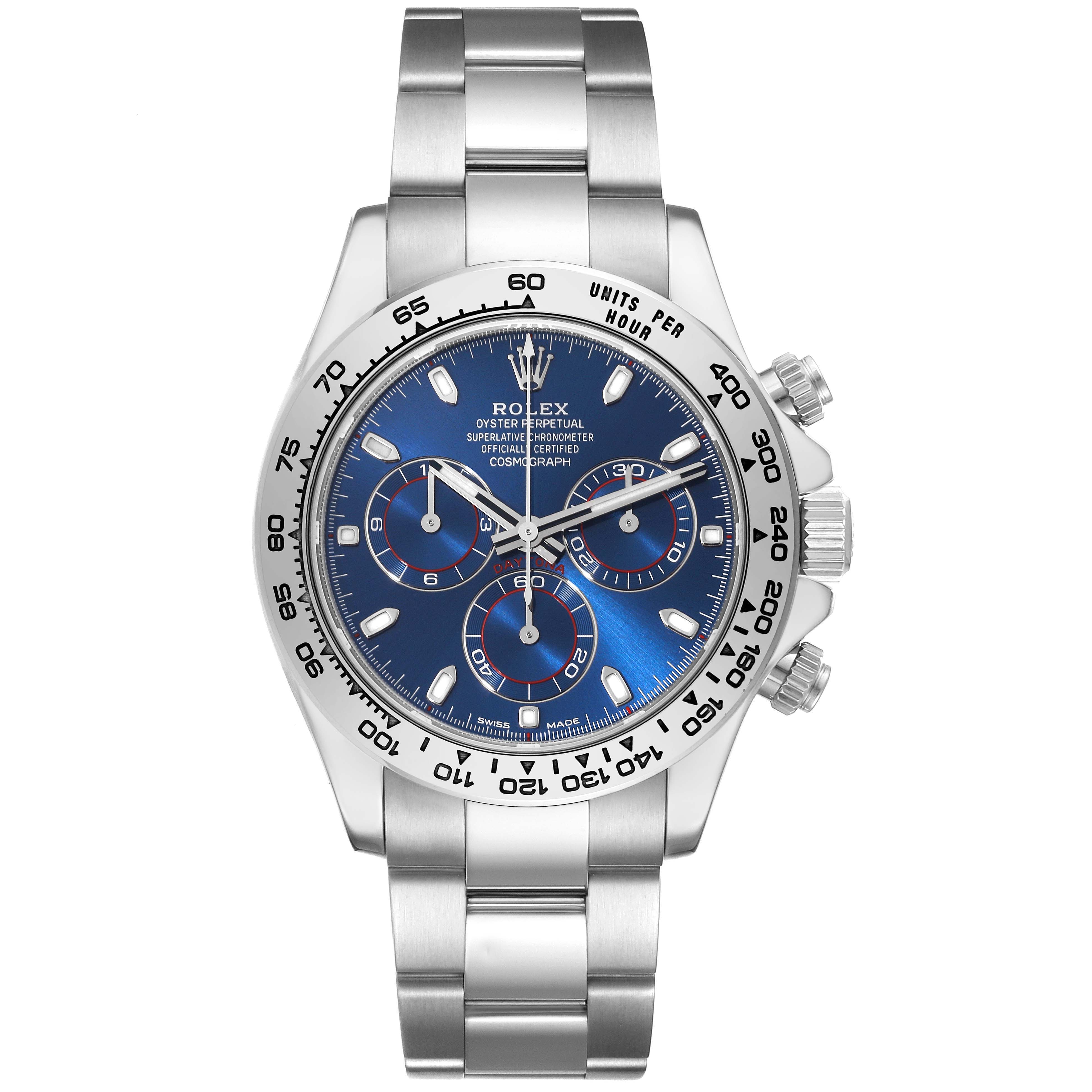 This Rolex Daytona 116509 Men's White Gold Blue Dial 116509 Men's White Gold Blue Dial watch is shown from the front, highlighting its blue dial, chronograph subdials, bezel, and bracelet.