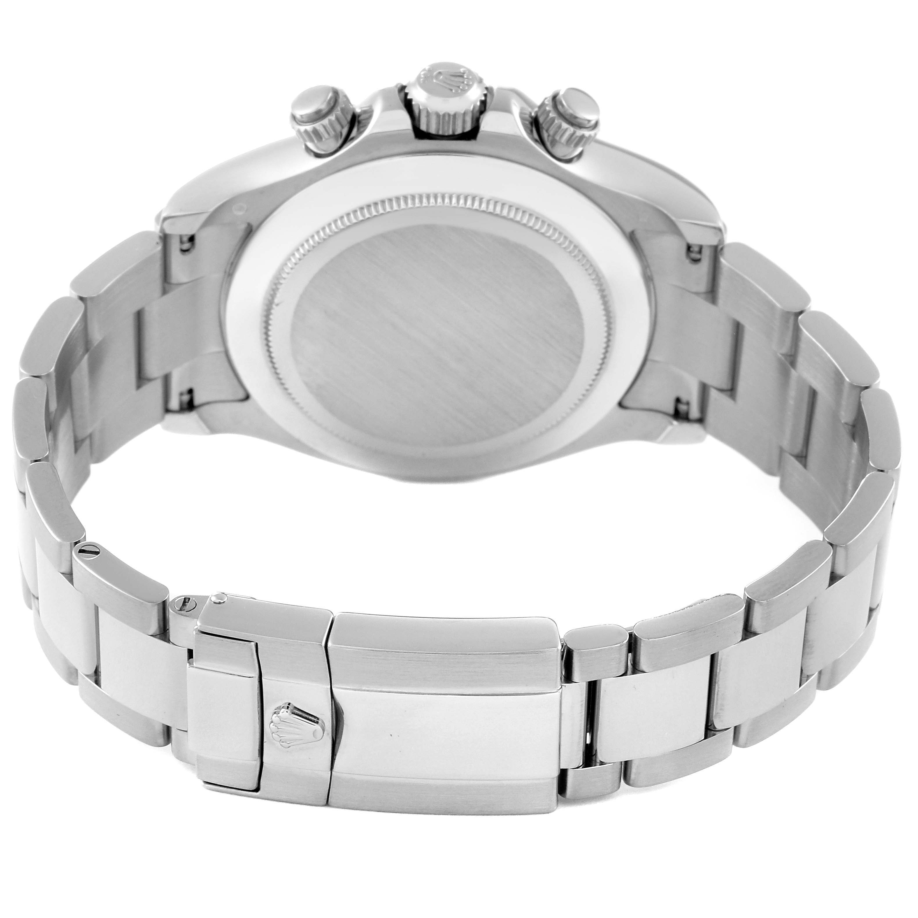 This is a rear view of a Rolex Daytona 116509 Men's White Gold Blue Dial 116509 Men's White Gold Blue Dial watch showing its stainless steel bracelet, clasp, crown, and case back.