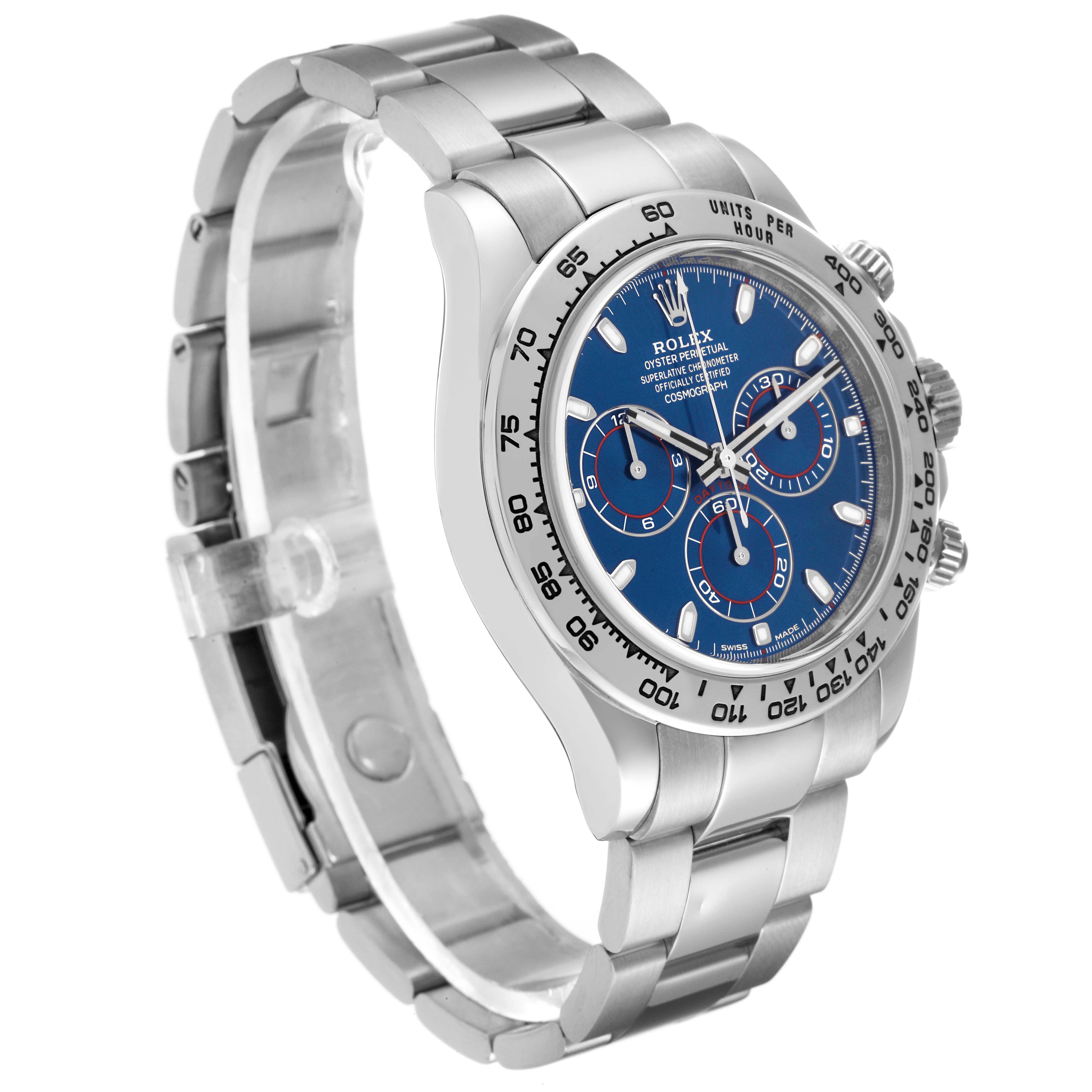 The image shows a Rolex Daytona 116509 Men's White Gold Blue Dial 116509 Men's White Gold Blue Dial watch at a slight angle, displaying the dial, bezel, and metal bracelet.