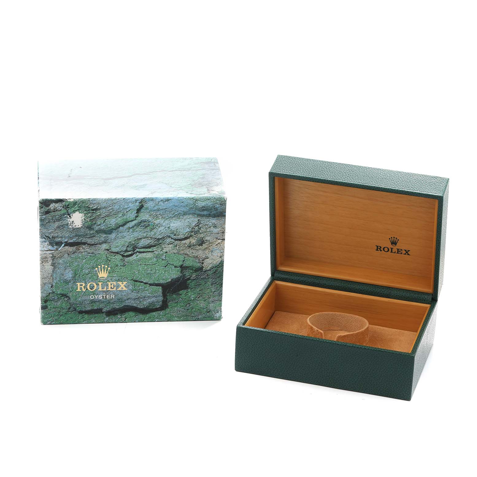 The image shows a Rolex Daytona 16520 Men
s Stainless Steel Black Dial watch box, including an outer protective box and an open inner case with a cushioned interior.