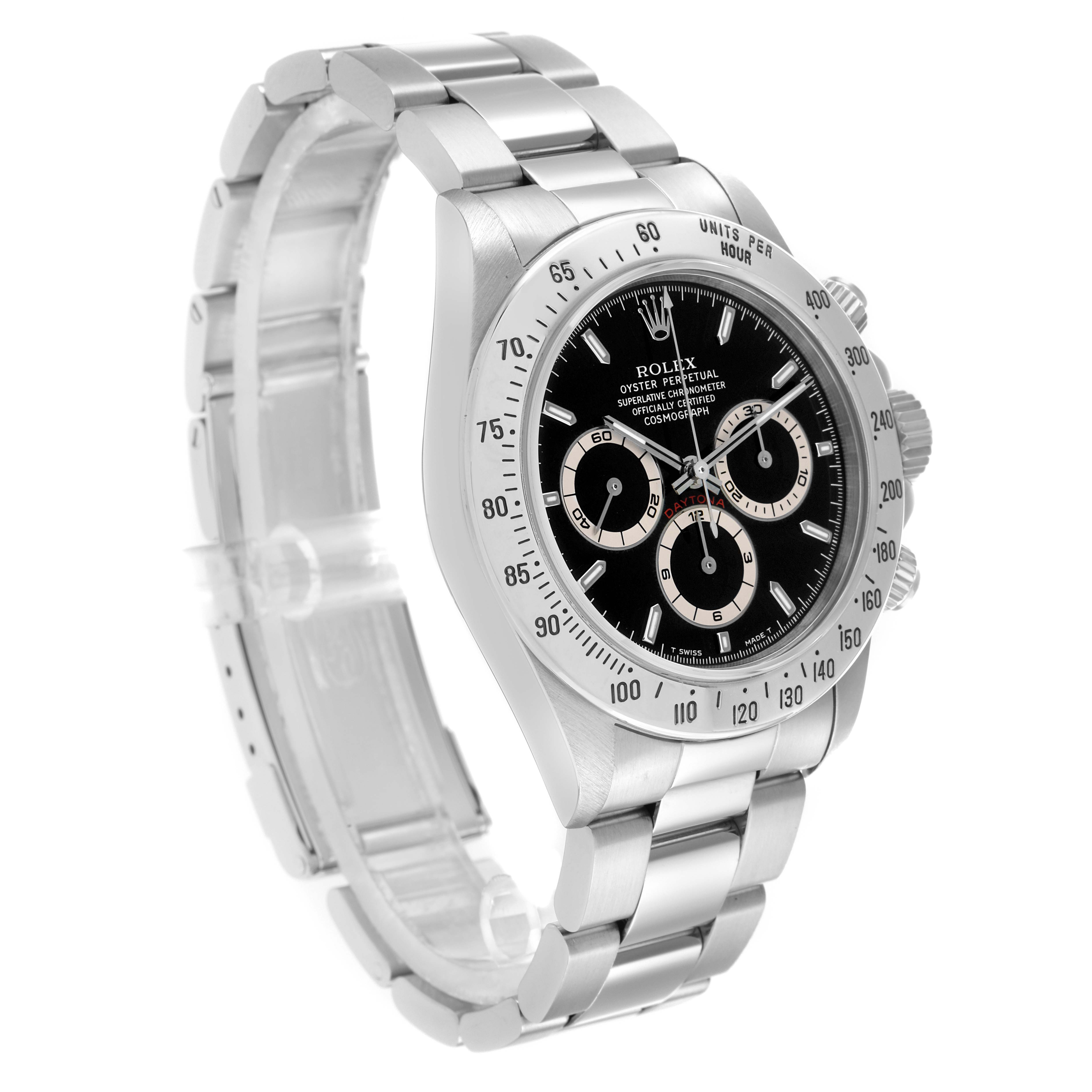 The image shows a Rolex Daytona 16520 Men
s Stainless Steel Black Dial watch at a three-quarter angle, highlighting the face, bezel, and bracelet.