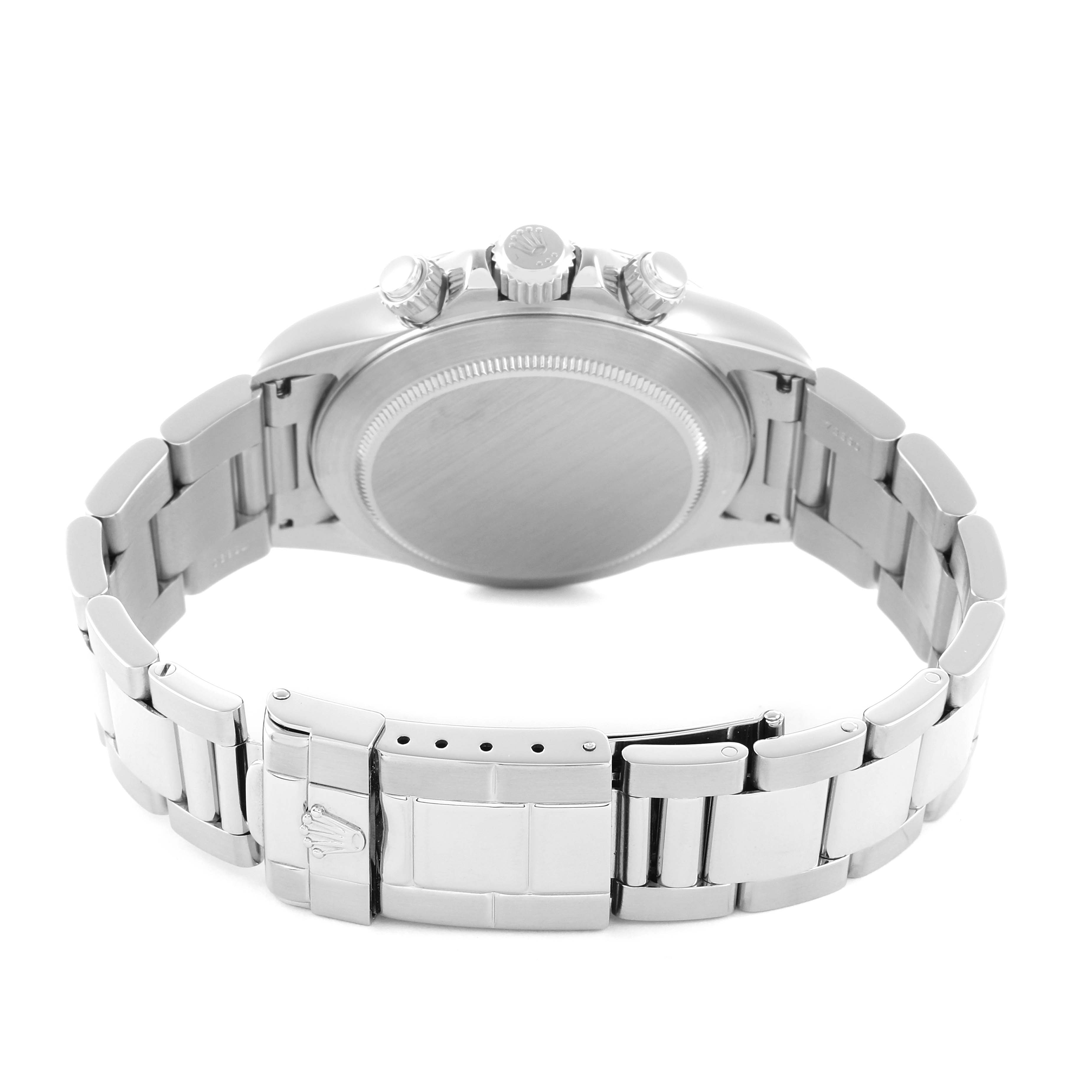 The image shows the Rolex Daytona 16520 Men
s Stainless Steel Black Dial watch from the back, highlighting the case, bracelet, clasp, and crown.