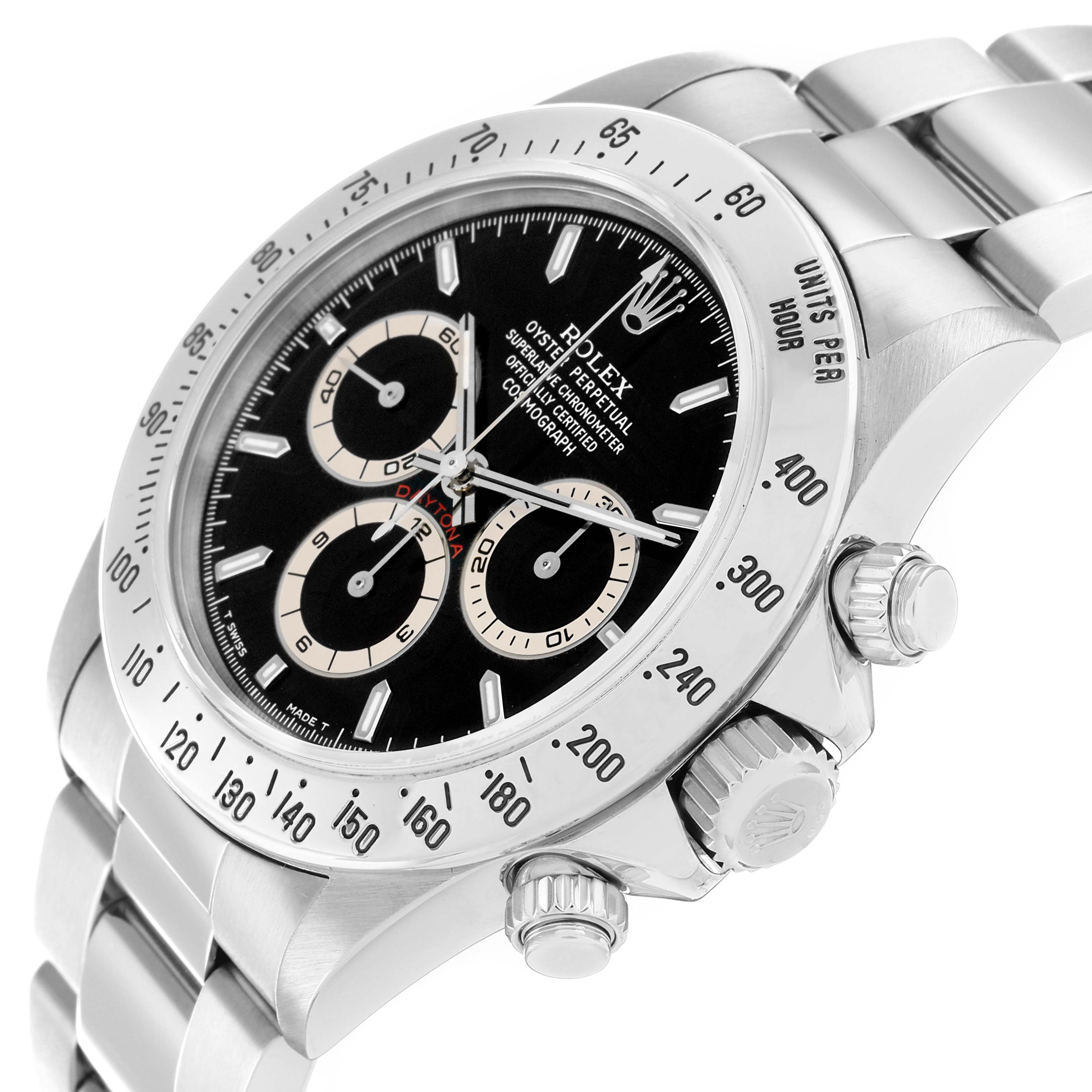 The Rolex Daytona 16520 Men
s Stainless Steel Black Dial watch is shown at a three-quarter angle highlighting the face, bezel, crown, and part of the bracelet.