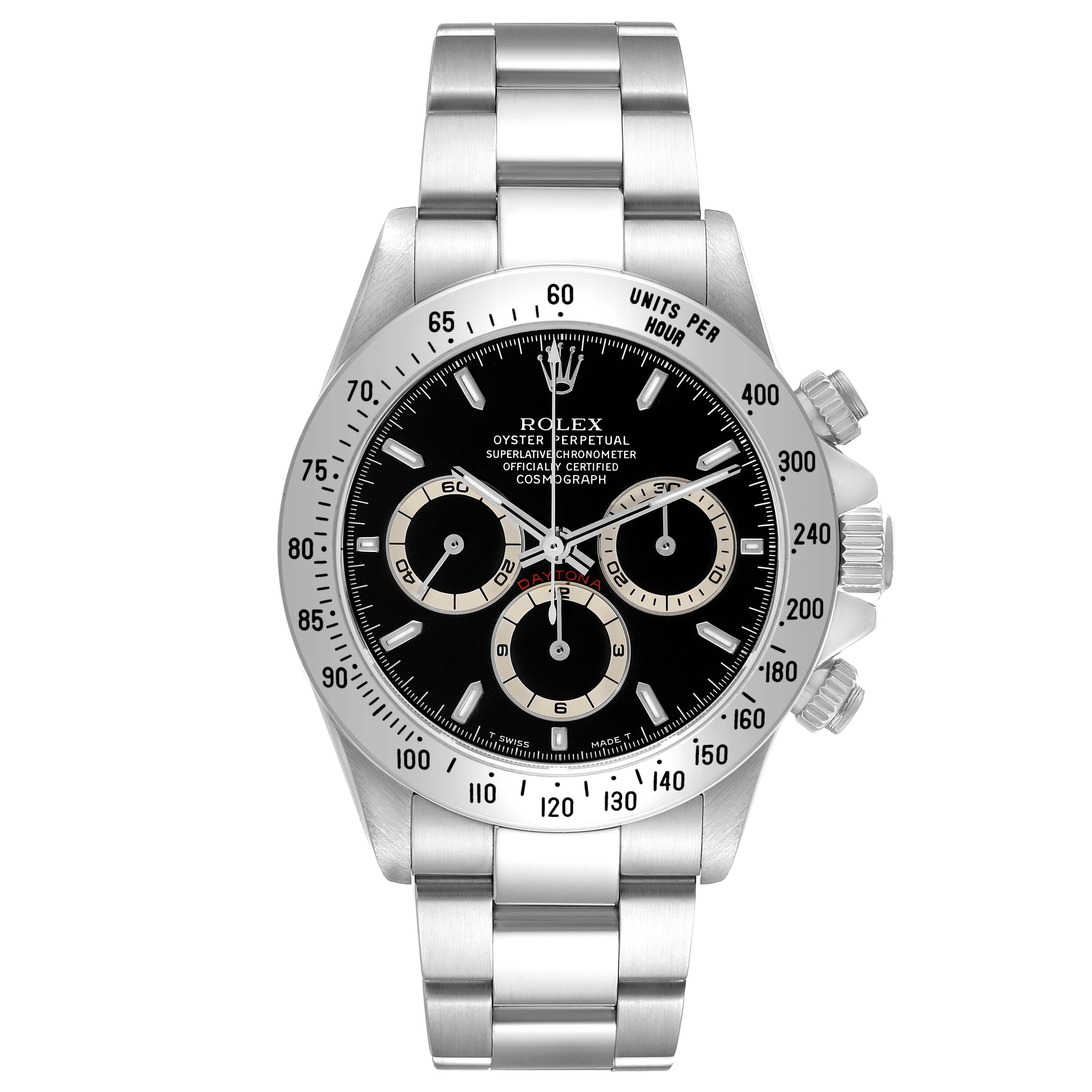 The Rolex Daytona 16520 Men
s Stainless Steel Black Dial model is shown from the front, displaying its dial, bezel, crown, and bracelet.