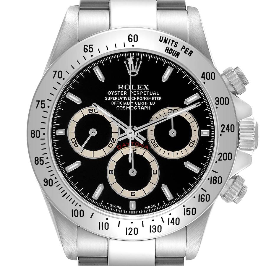 The Rolex Daytona 16520 Men's Stainless Steel Black Dial watch is shown from a front angle, displaying the dial, bezel, and pushers clearly.