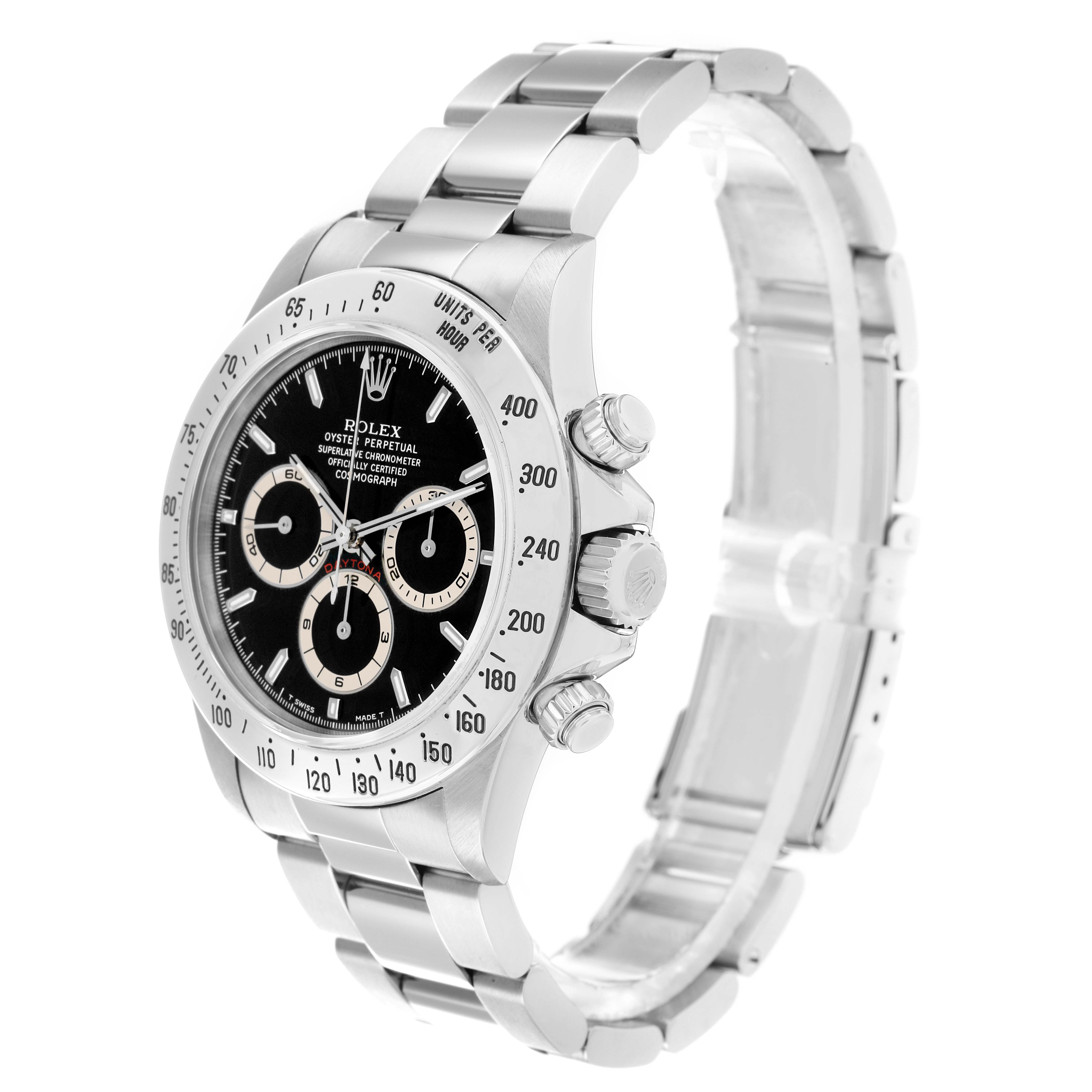 The Rolex Daytona 16520 Men
s Stainless Steel Black Dial watch is shown at a slight angle highlighting the bezel, dial, crown, pushers, and bracelet.