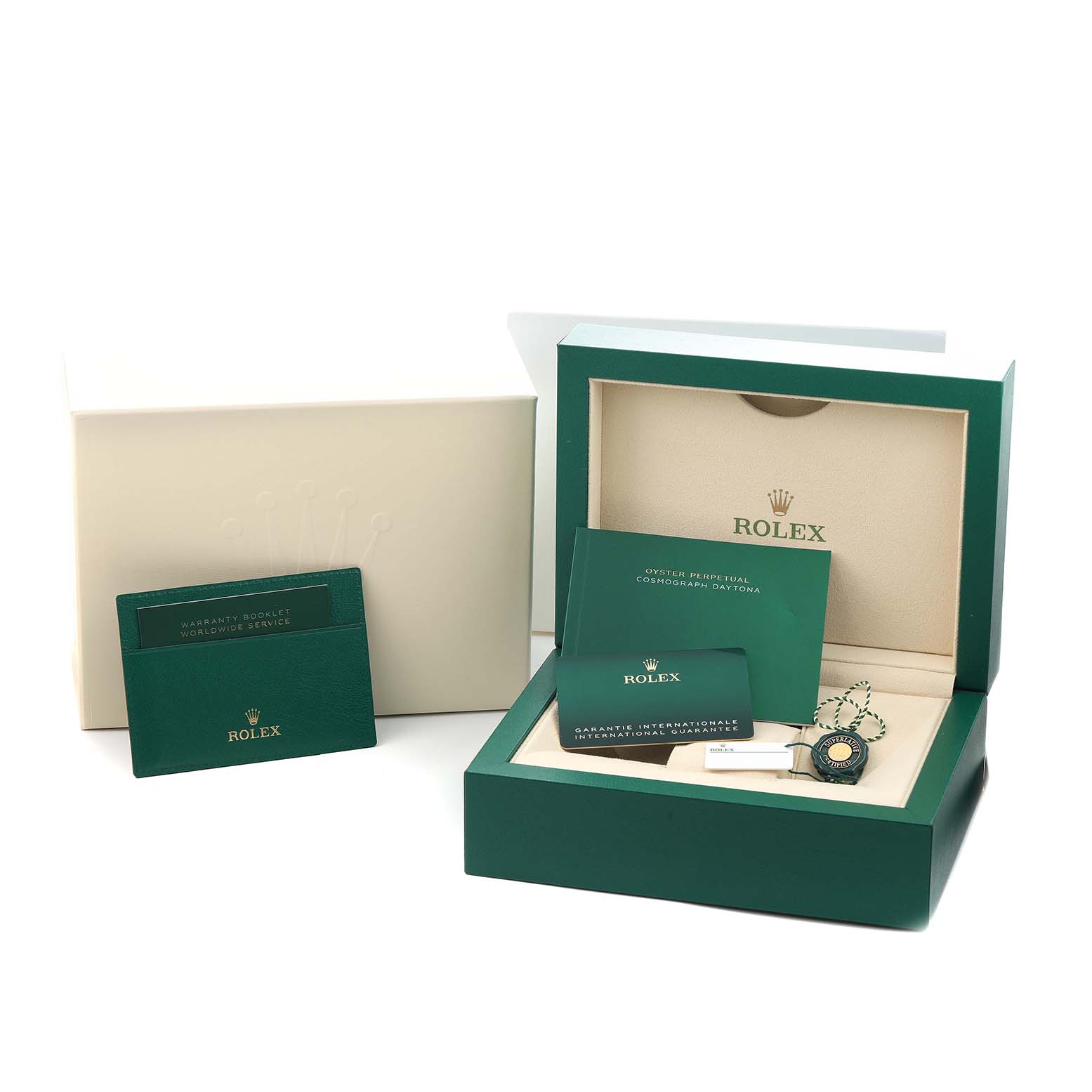 The image shows a Rolex Daytona 126515 Men
s Rose Gold Black Dial watch box with warranty booklet, tags, and an Best Quality
ity card.