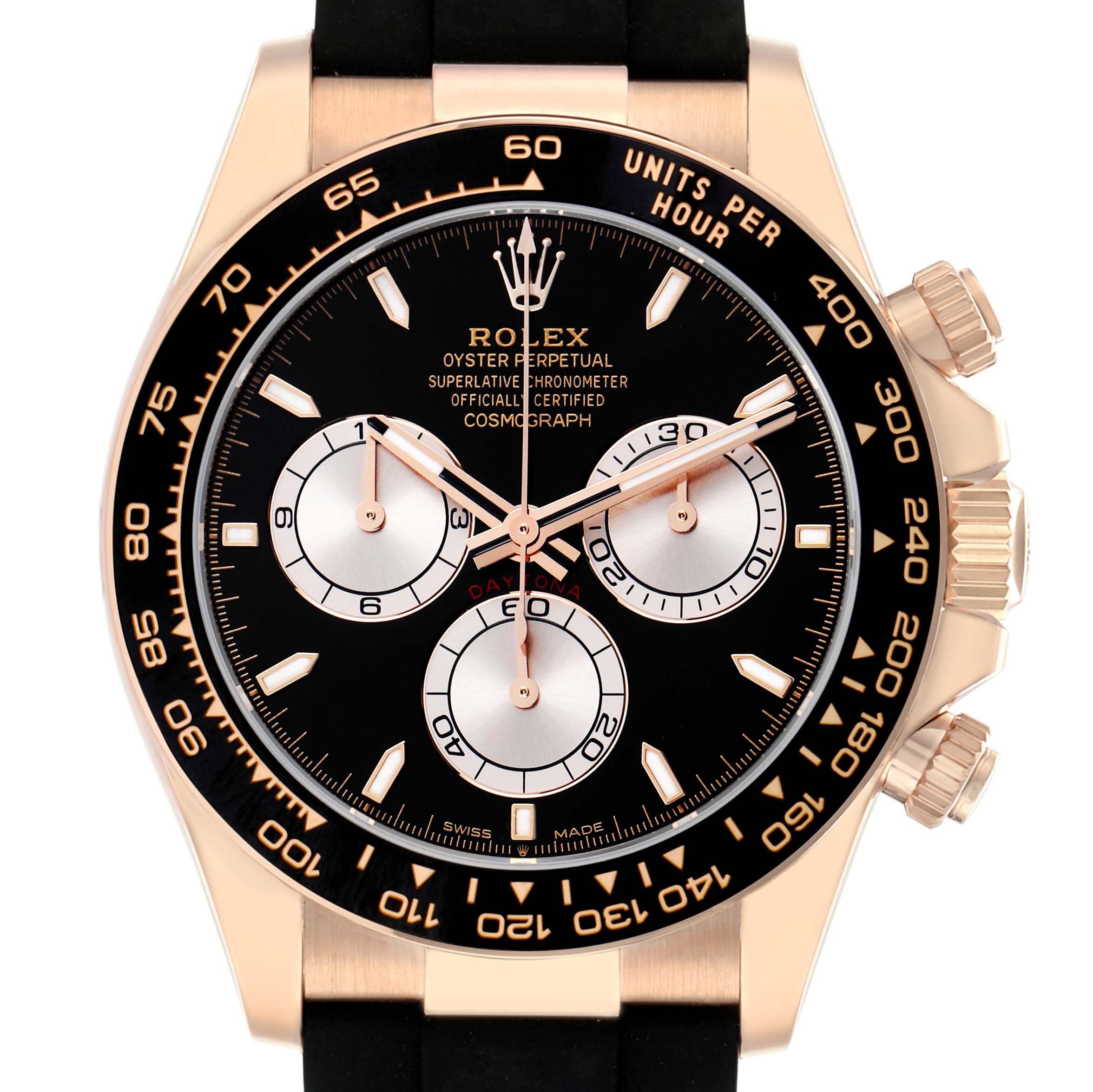The Rolex Daytona 126515 Men
s Rose Gold Black Dial watch is shown from a front angle, highlighting the face, bezel, and pushers.