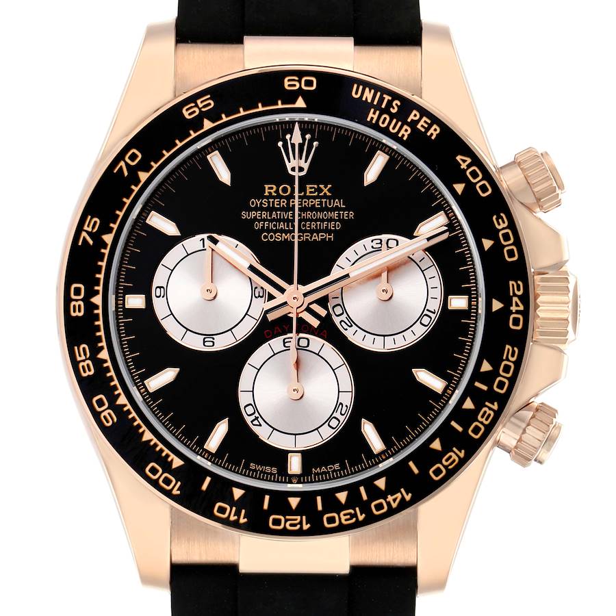 The Rolex Daytona 126515 Men's Rose Gold Black Dial watch is shown from a front angle, highlighting the face, bezel, and pushers.