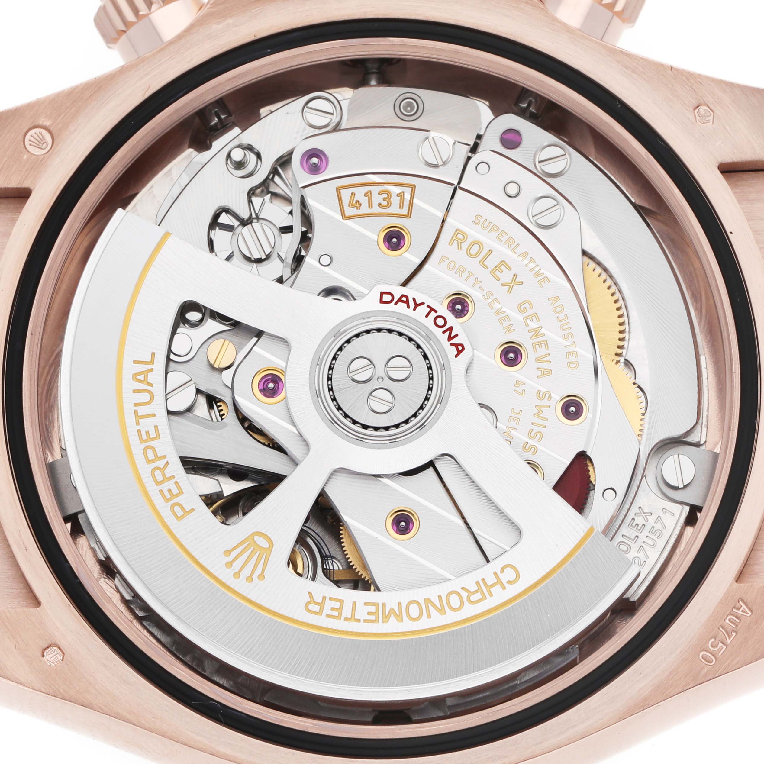 The image shows the back view of a Rolex Daytona 126515 Men
s Rose Gold Black Dial, revealing its intricate movement and components.