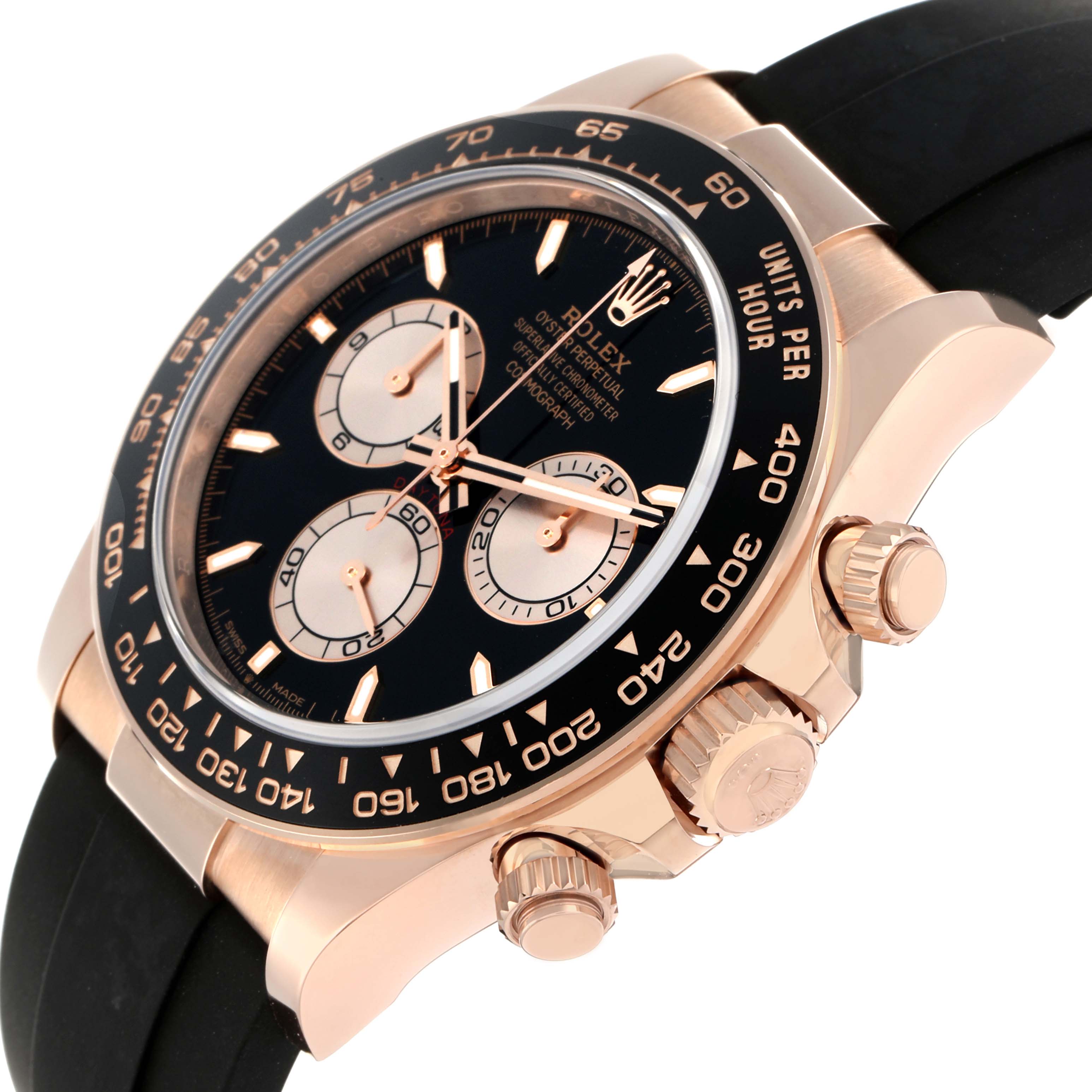 The Rolex Daytona 126515 Men
s Rose Gold Black Dial watch is shown at a tilted angle, highlighting the bezel, crown, pushers, and part of the band.