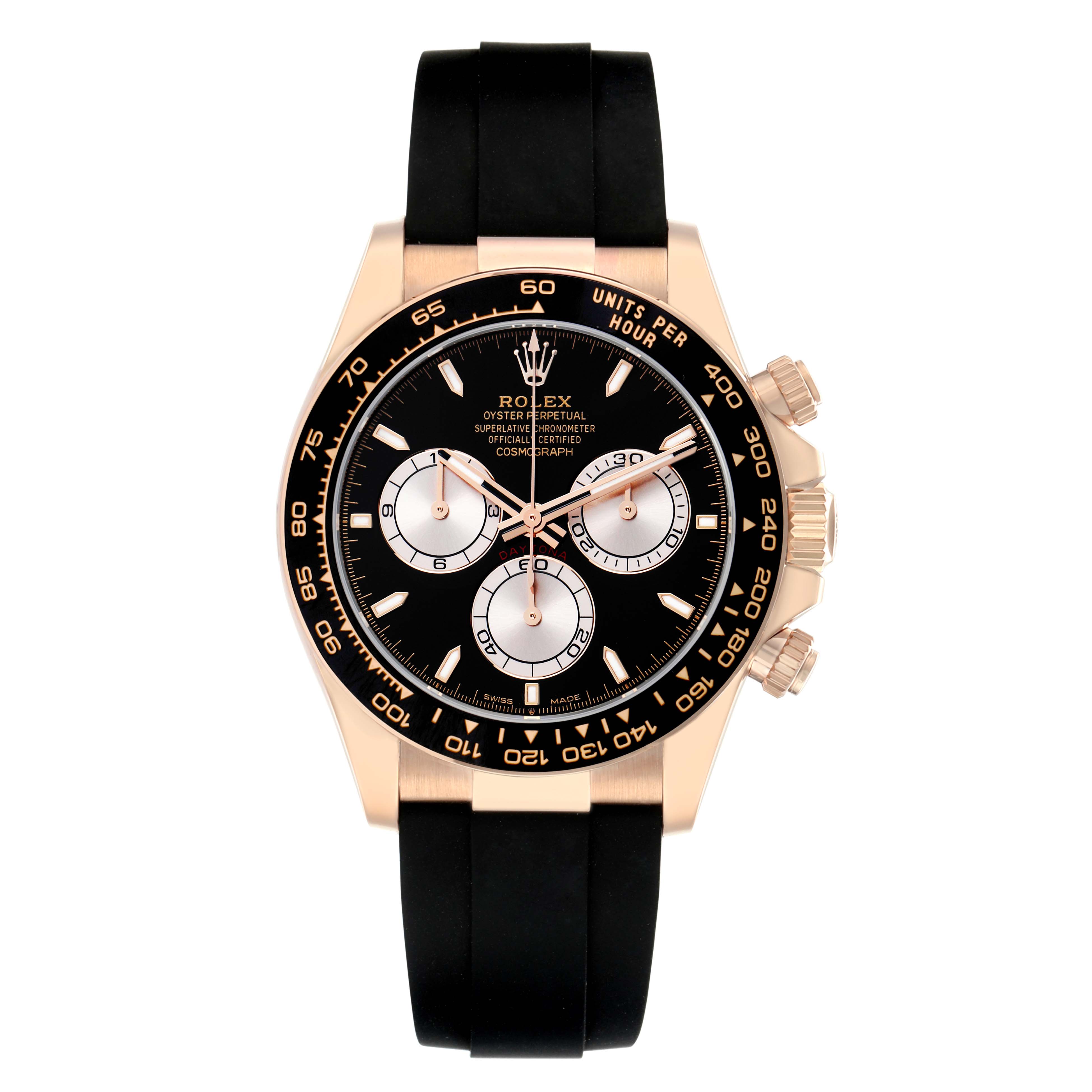 The Rolex Daytona 126515 Men
s Rose Gold Black Dial watch is shown from the front, highlighting the dial, bezel, crown, chronograph subdials, and black strap.