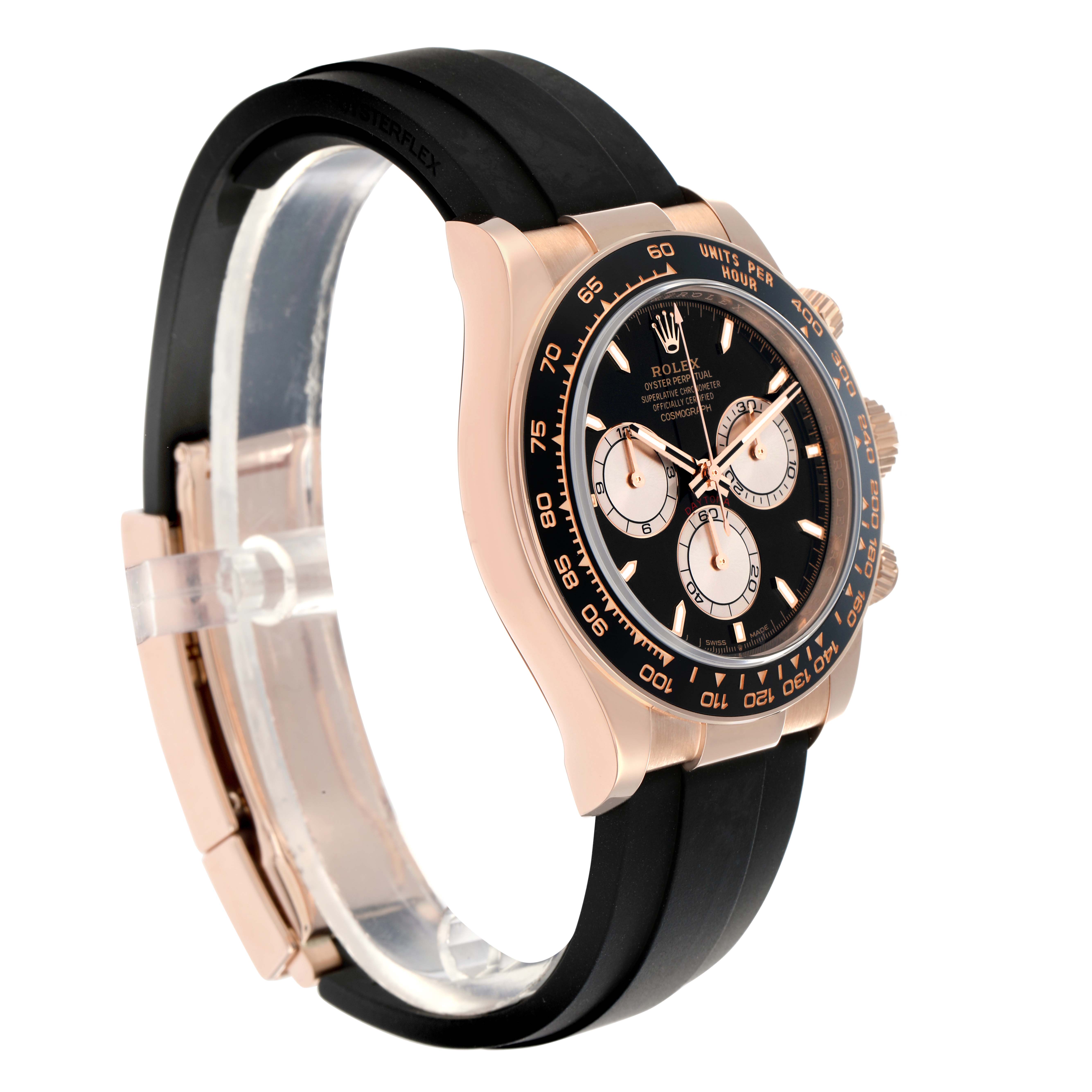 The Rolex Daytona 126515 Men
s Rose Gold Black Dial watch is shown at a three-quarter angle, highlighting the dial, bezel, case, and strap.