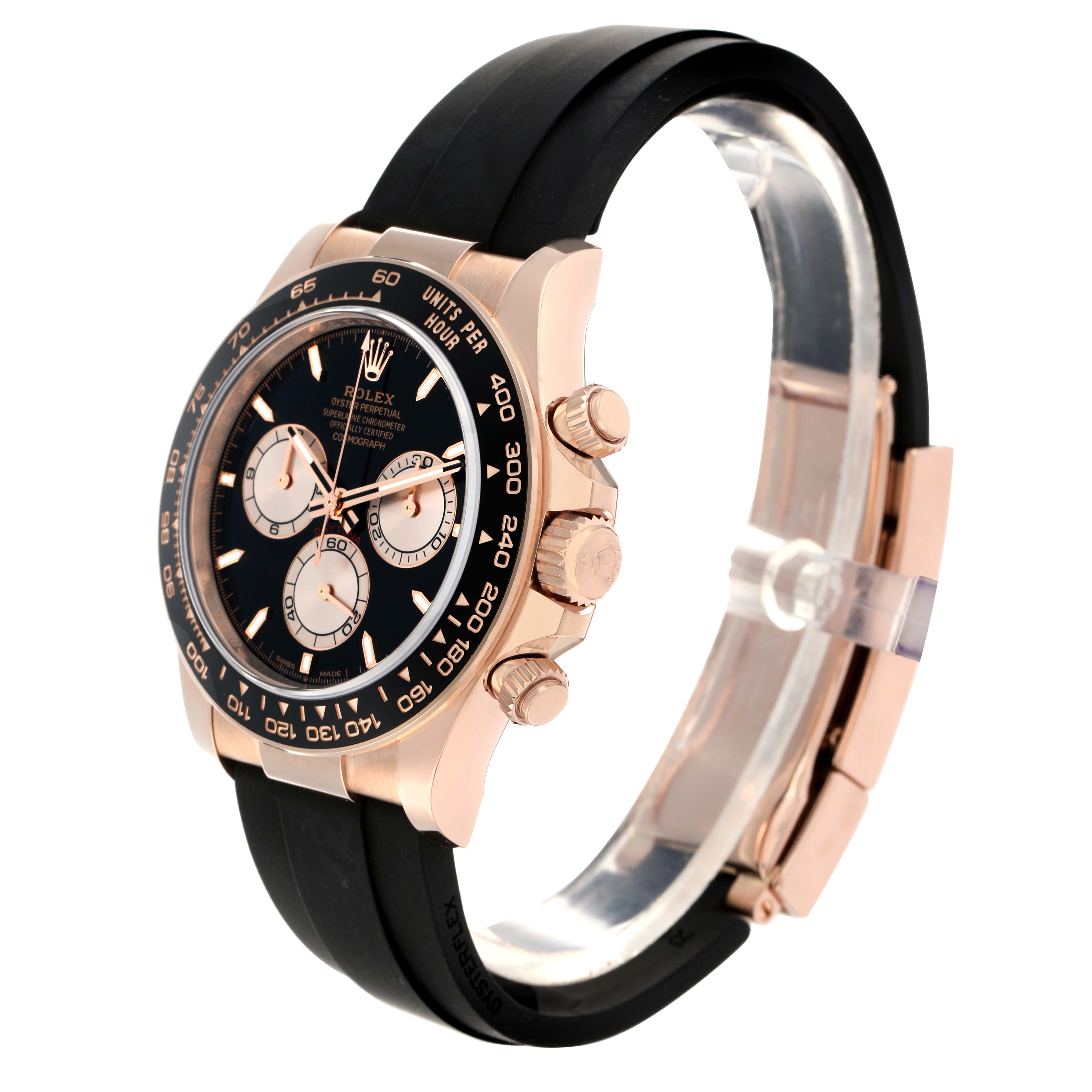 The Rolex Daytona 126515 Men
s Rose Gold Black Dial watch is shown at a three-quarter angle, displaying the face, bezel, crown, and part of the black strap.