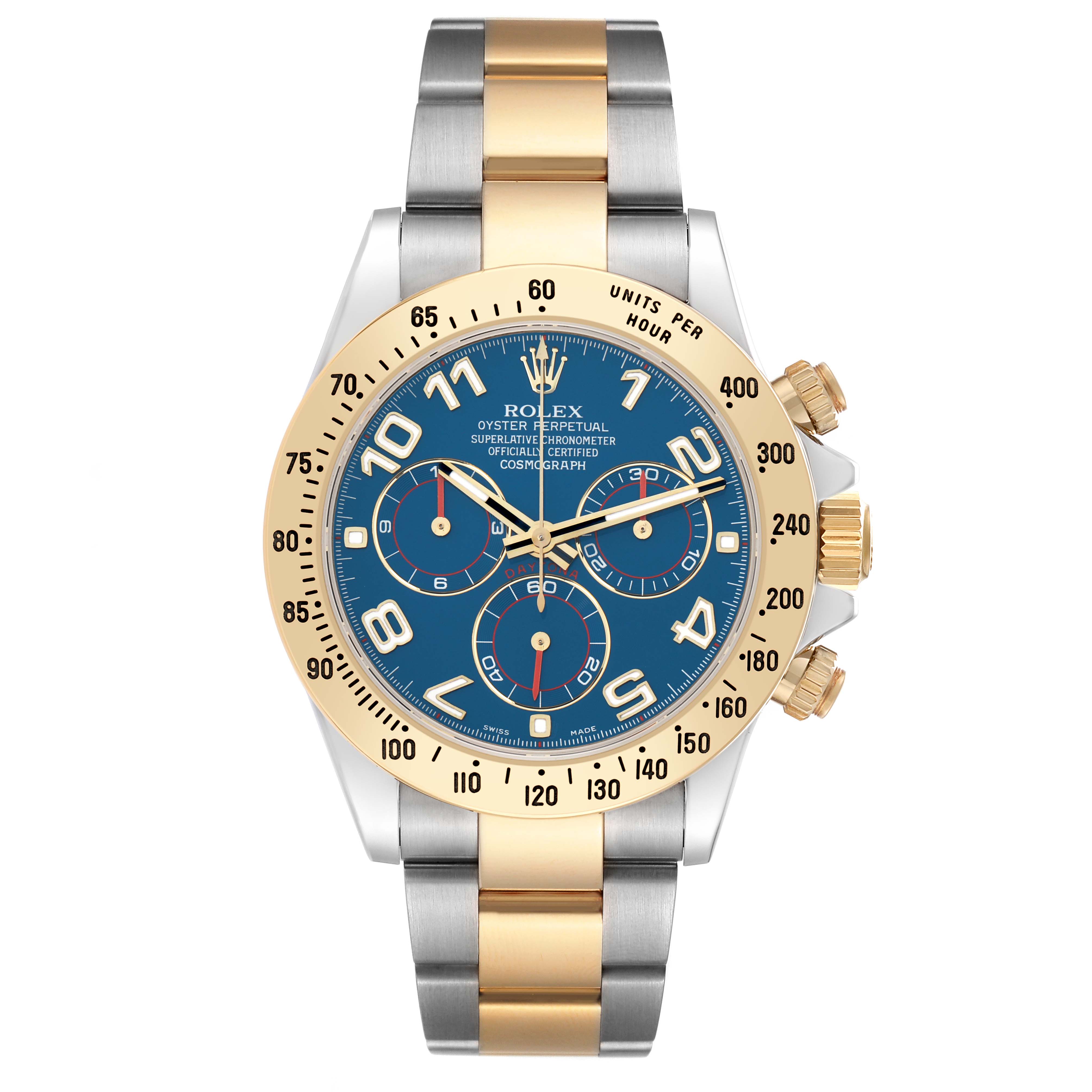 The Rolex Daytona 116523 Men
s Steel and Gold (two tone) Blue Dial watch is shown from a front-facing angle, displaying the dial, bezel, and bracelet clearly.