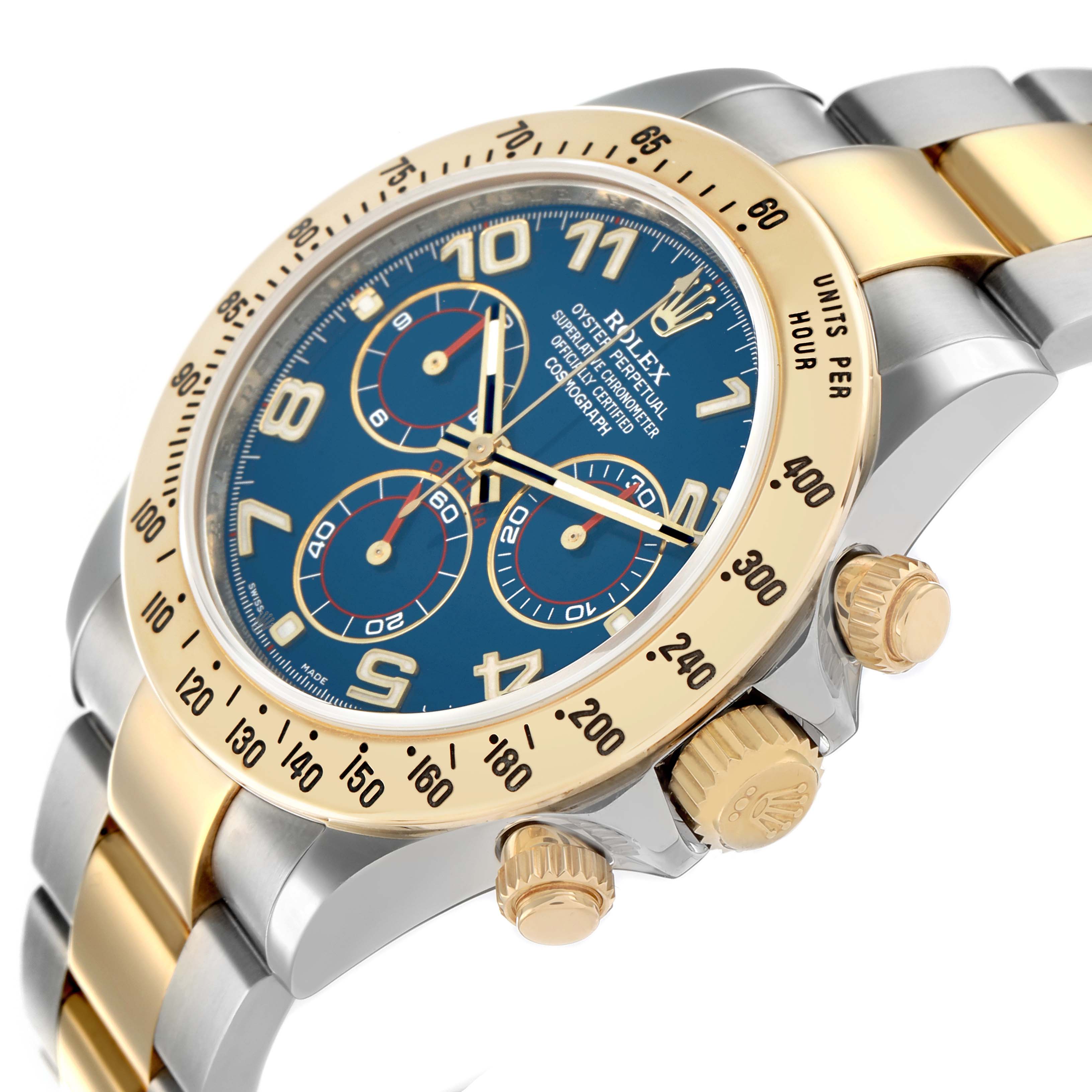 The image shows a side angle of a Rolex Daytona 116523 Men
s Steel and Gold (two tone) Blue Dial watch, highlighting the bezel, dial, crown, and bracelet.