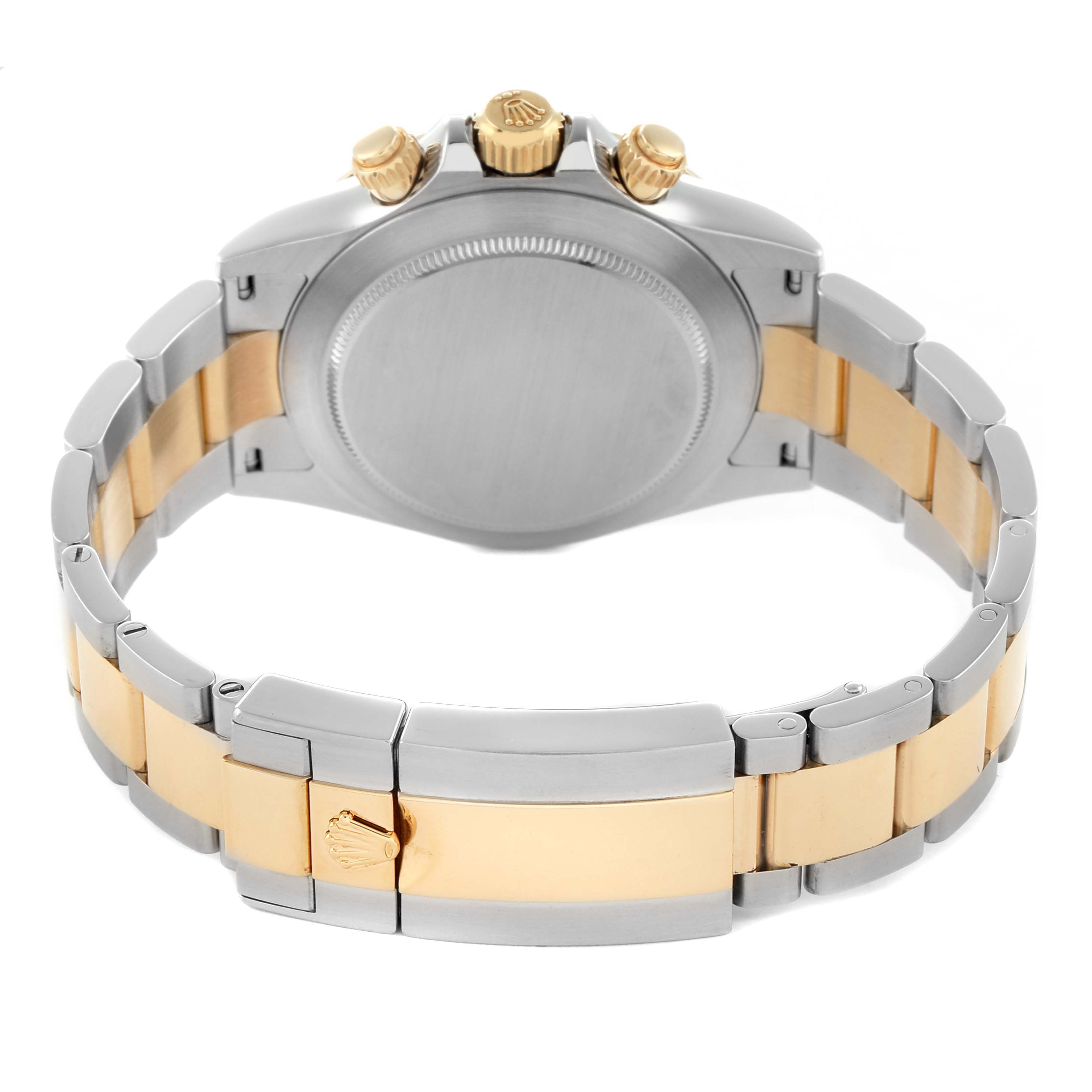 This image shows the back case, crown, and two-tone bracelet of a Rolex Daytona 116523 Men
s Steel and Gold (two tone) Blue Dial watch from a rear angle.