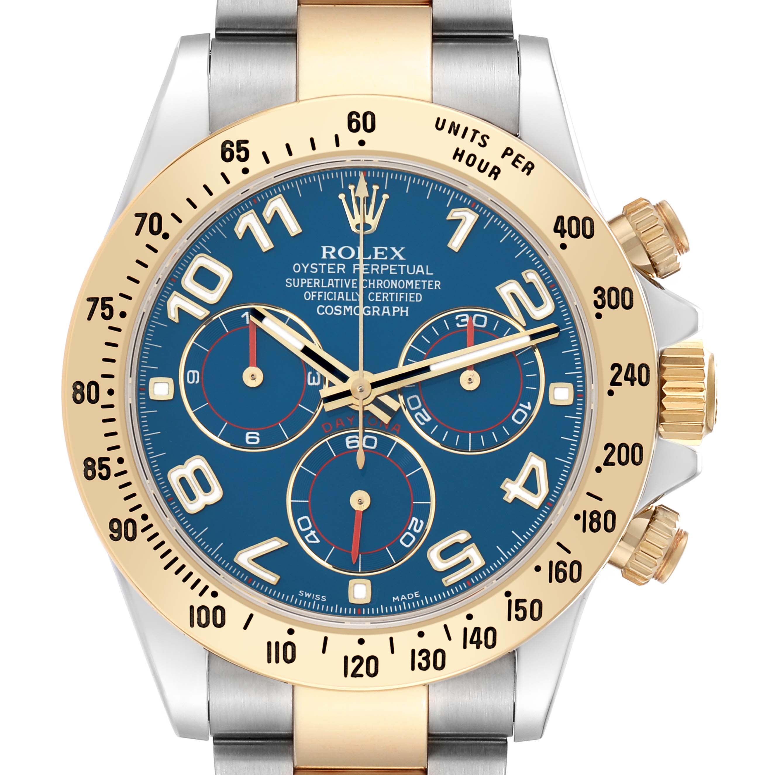 The Rolex Daytona 116523 Men
s Steel and Gold (two tone) Blue Dial watch is shown from a front angle, highlighting its dial, bezel, and pushers.