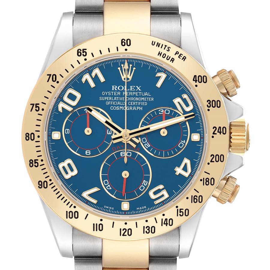 The Rolex Daytona 116523 Men's Steel and Gold (two tone) Blue Dial watch is shown from a front angle, highlighting its dial, bezel, and pushers.