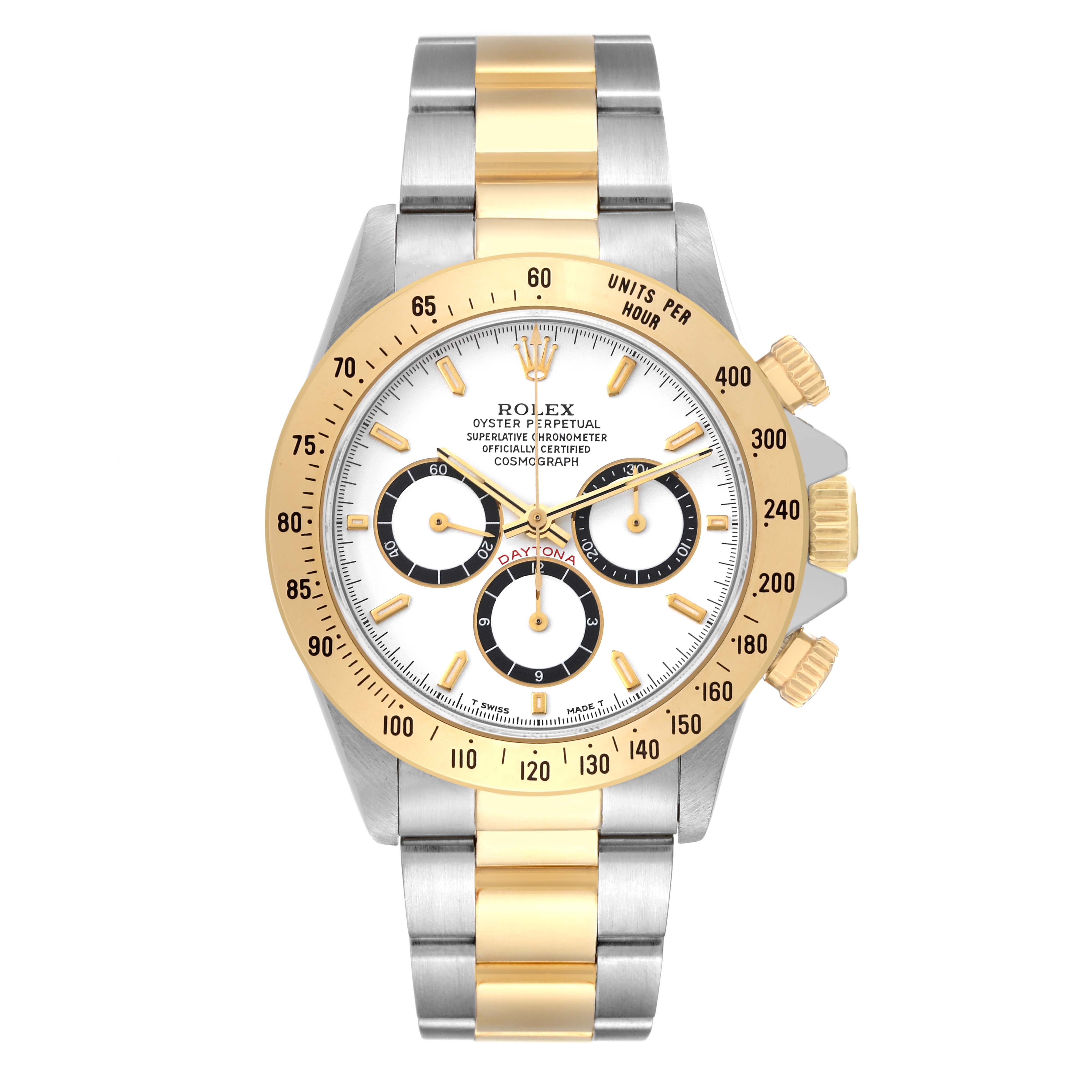 This image shows a Rolex Daytona 16523 Men's Steel and Gold (two tone) White Dial 16523 Men's Steel and Gold (two tone) White Dial watch from a front angle, highlighting its two-tone bracelet, dial, and bezel.