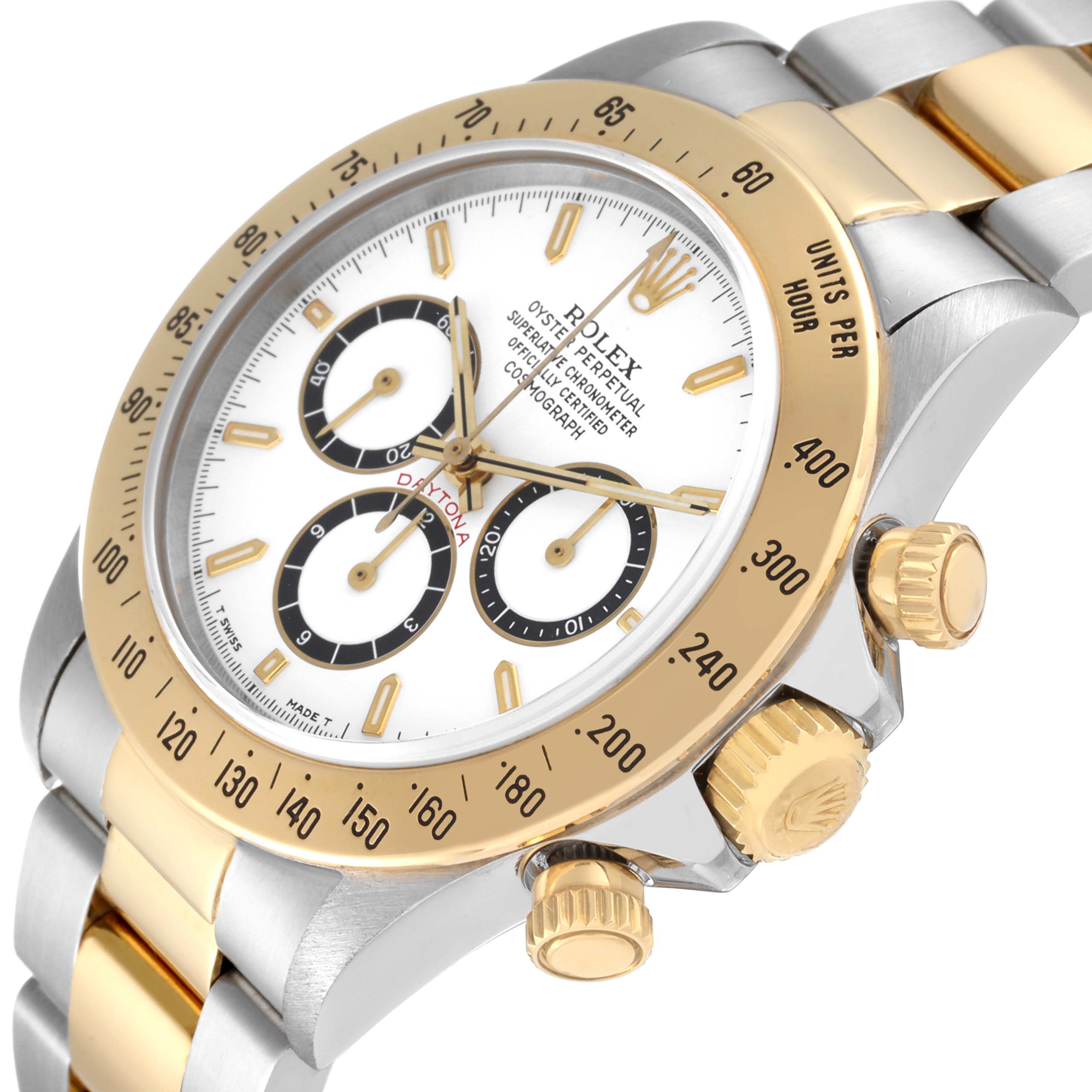 The image shows a close-up angle of the Rolex Daytona 16523 Men's Steel and Gold (two tone) White Dial 16523 Men's Steel and Gold (two tone) White Dial, highlighting its dial, crown, and part of the bracelet.