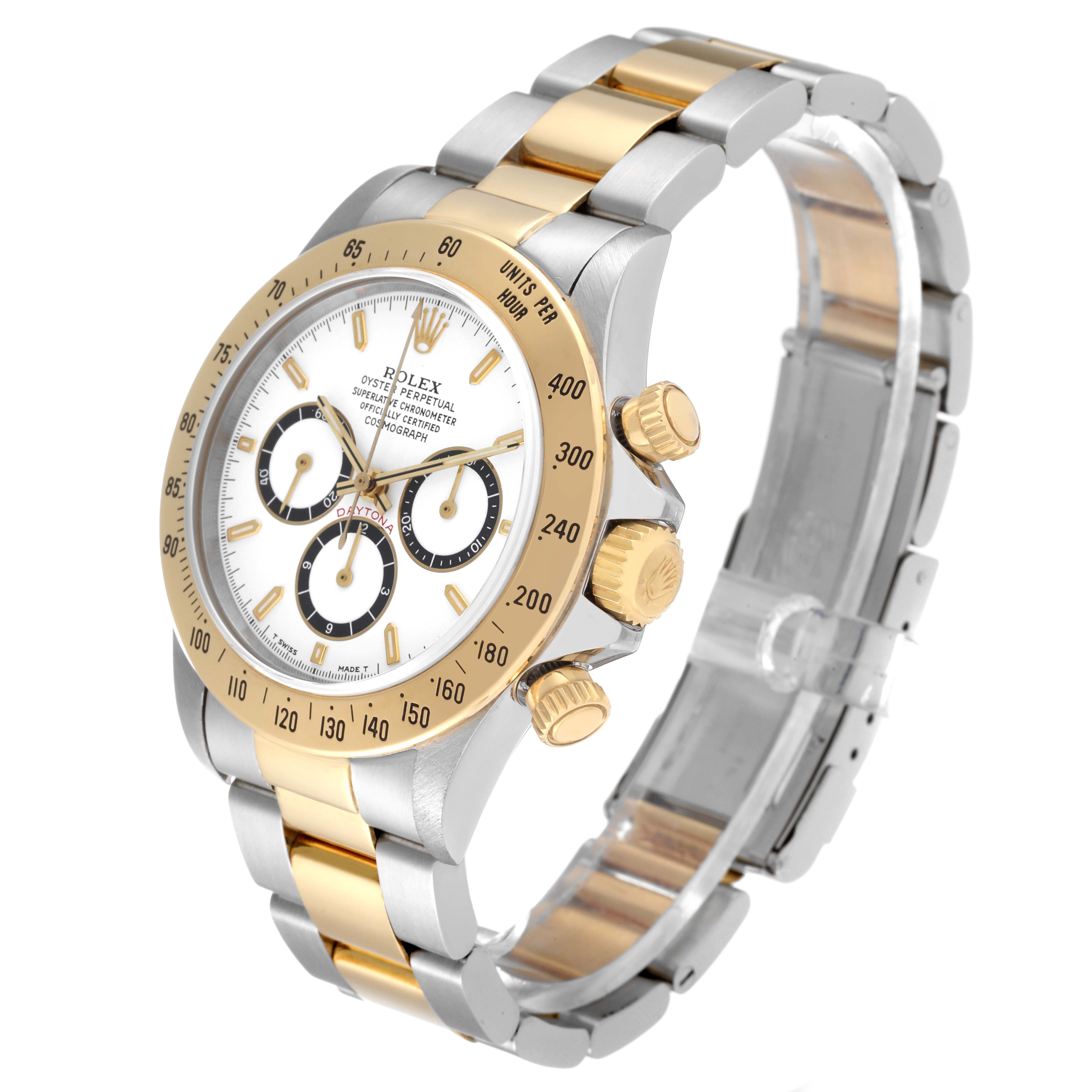 The image shows a side view of a Rolex Daytona 16523 Men's Steel and Gold (two tone) White Dial 16523 Men's Steel and Gold (two tone) White Dial watch, highlighting its bracelet, bezel, and chronograph pushers.