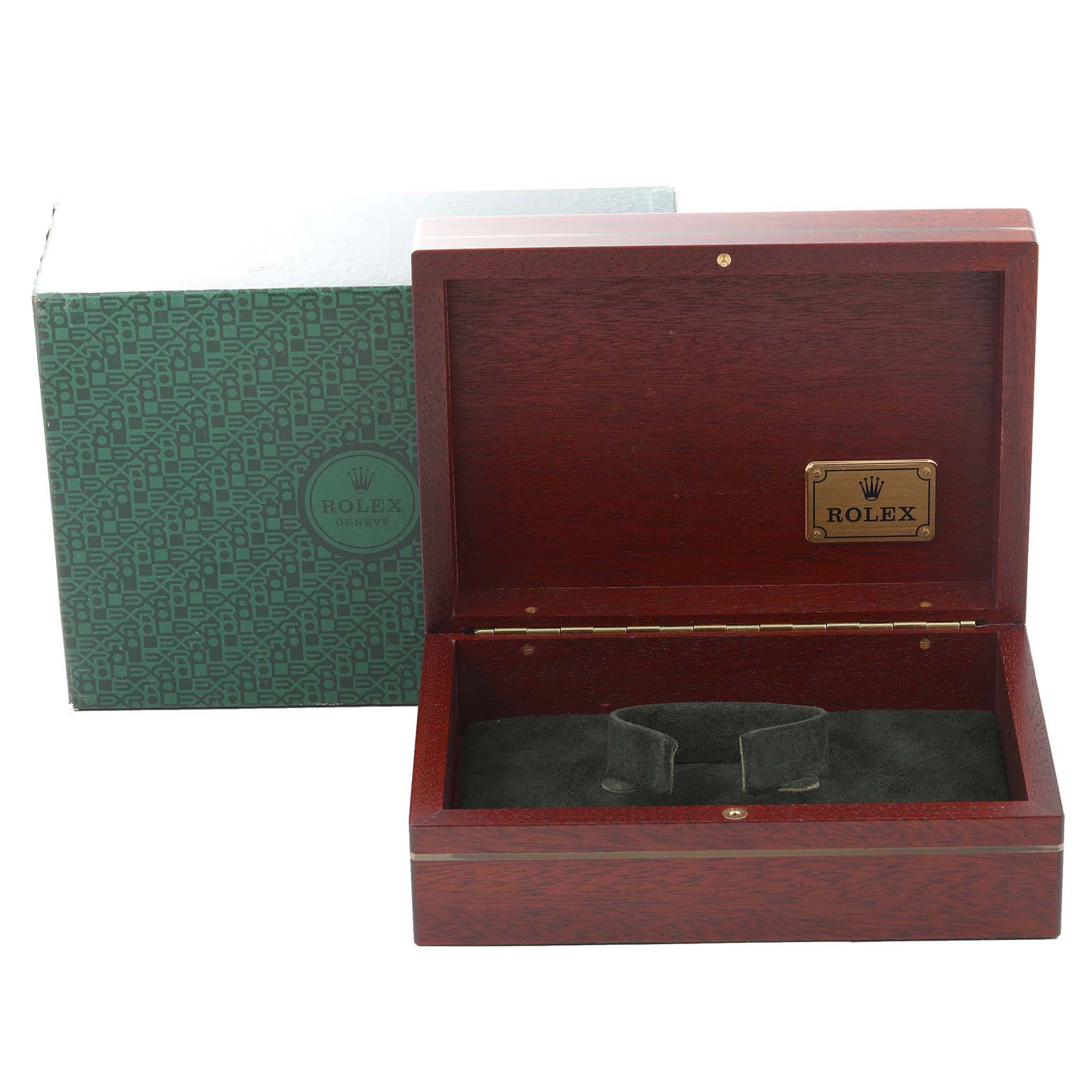 This image shows an open wooden Rolex watch box and the outer green packaging for the Rolex Daytona 16523 Men's Steel and Gold (two tone) White Dial 16523 Men's Steel and Gold (two tone) White Dial model.