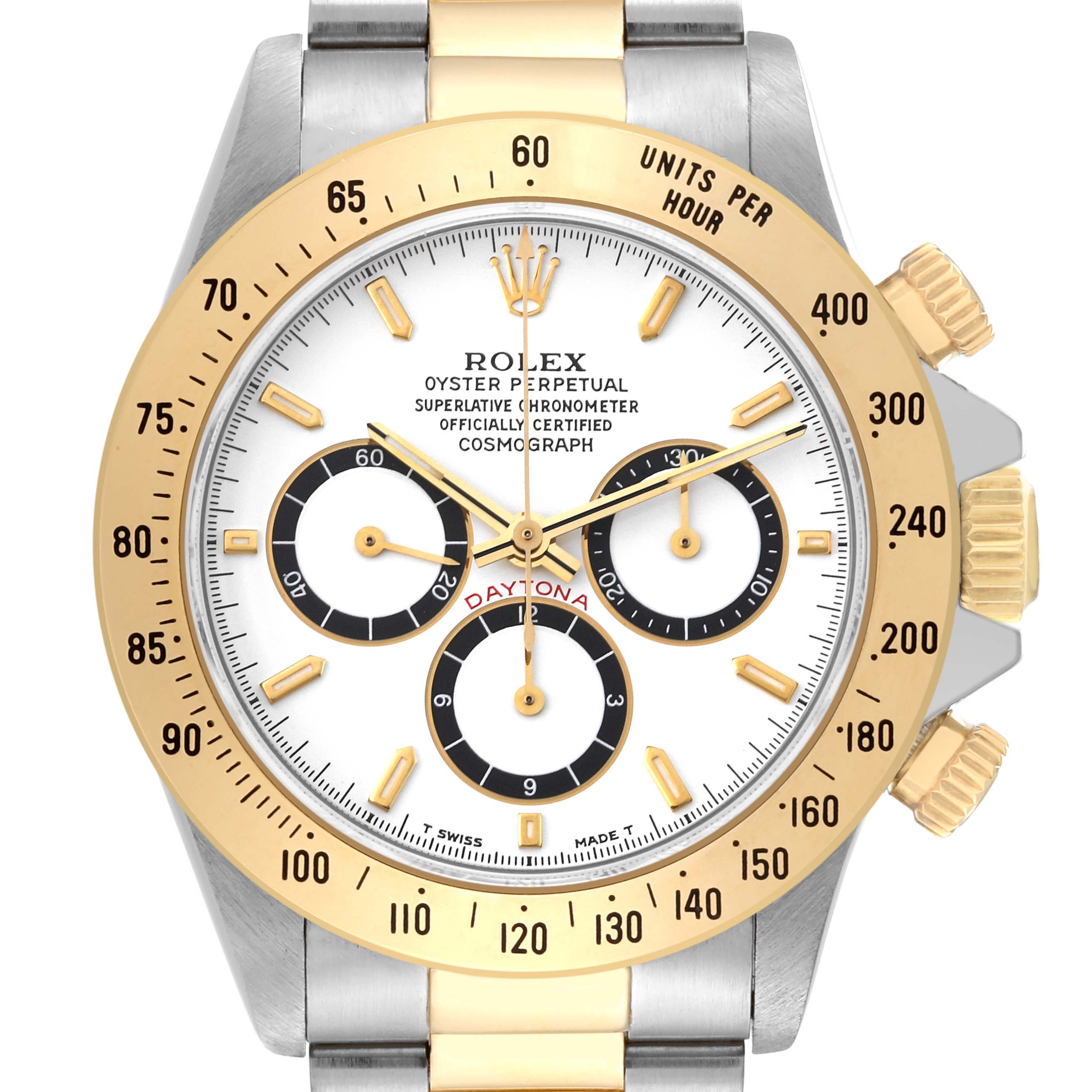 The image shows a front view of a Rolex Daytona 16523 Men's Steel and Gold (two tone) White Dial 16523 Men's Steel and Gold (two tone) White Dial watch featuring a gold bezel, white dial, and three subdials.