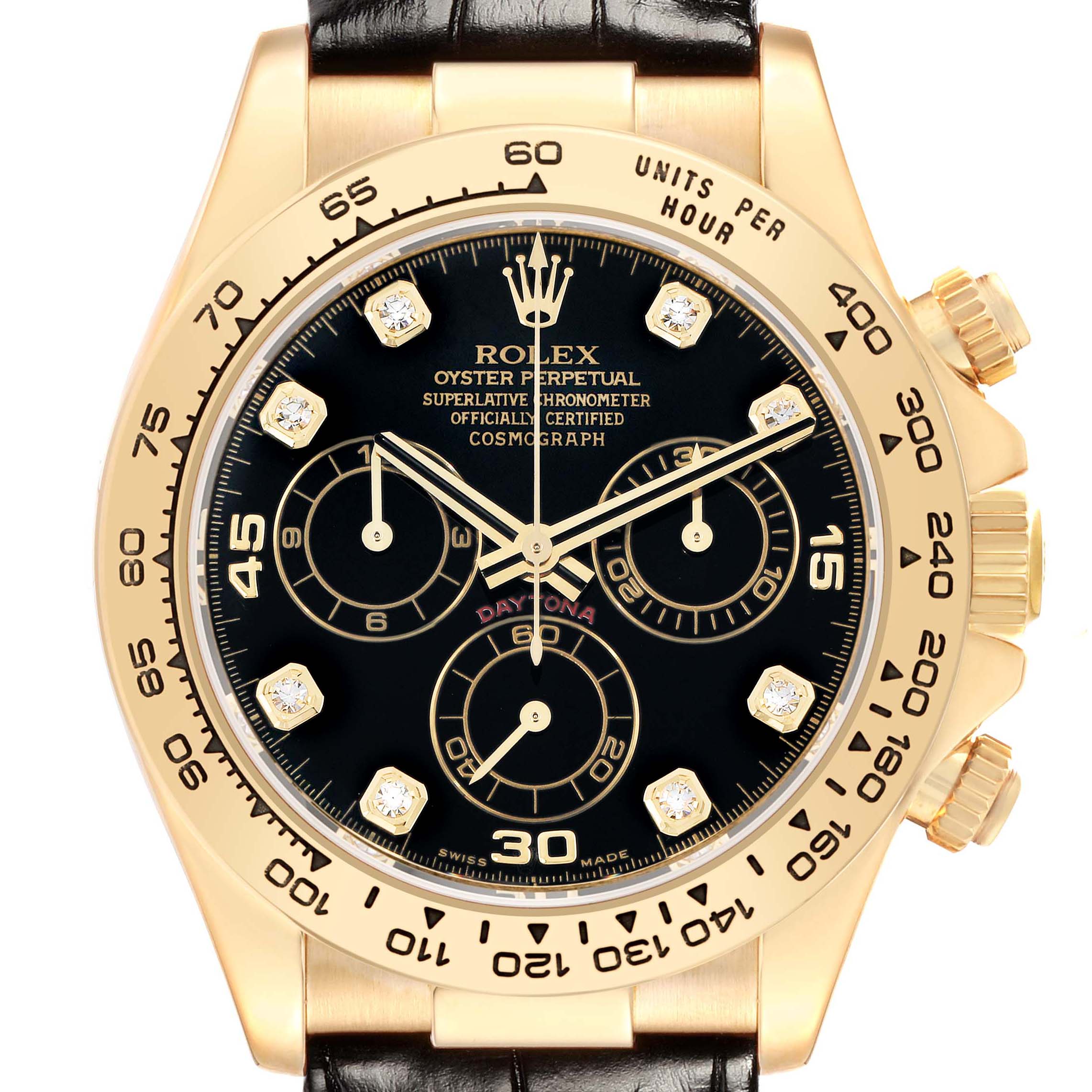 The Rolex Daytona 116518 Men's Yellow Gold Black Dial watch is shown from a front angle, highlighting the face, bezel, and crown with gold accents.