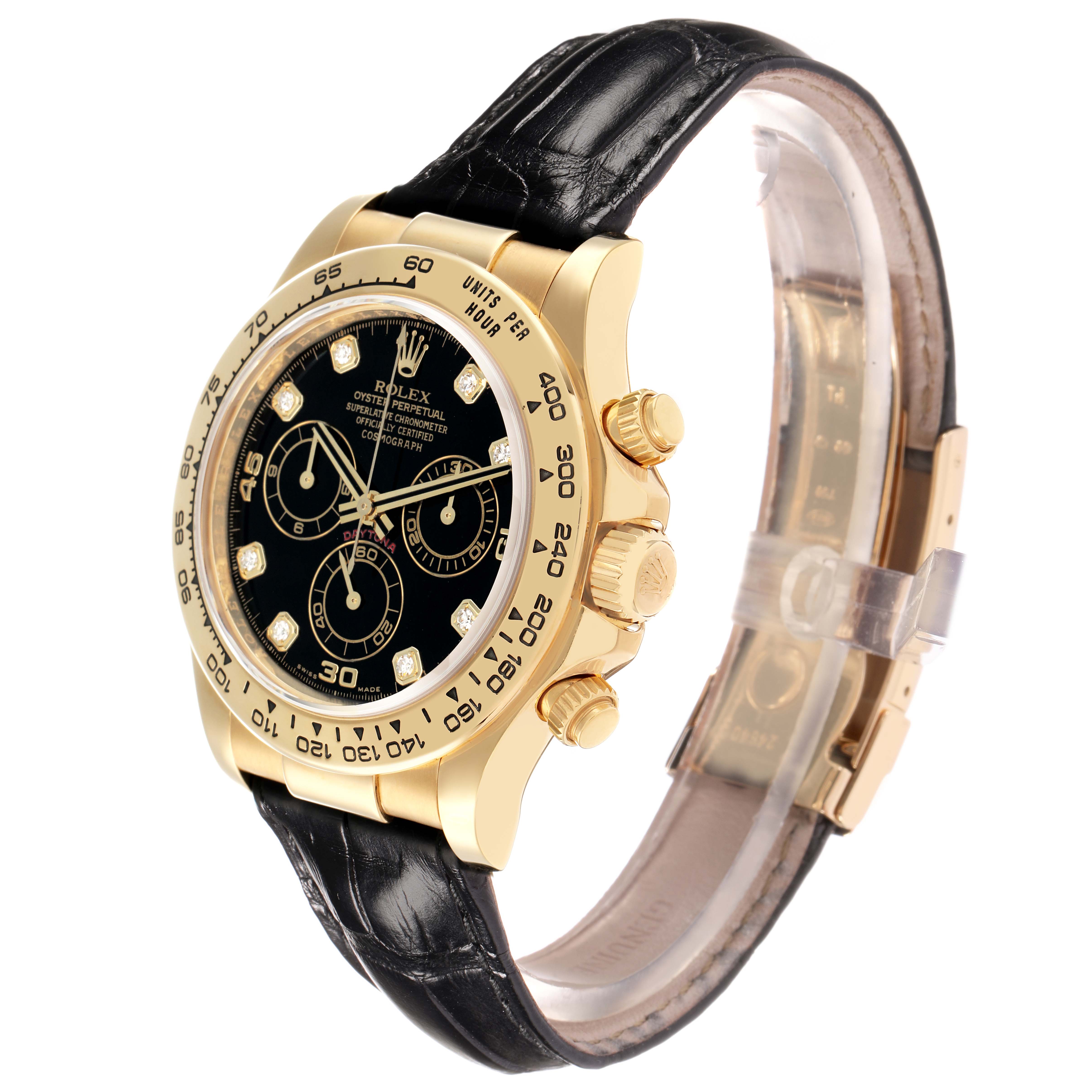 The Rolex Daytona 116518 Men
s Yellow Gold Black Dial is shown at a side angle, highlighting the black dial, gold case, and black leather strap.