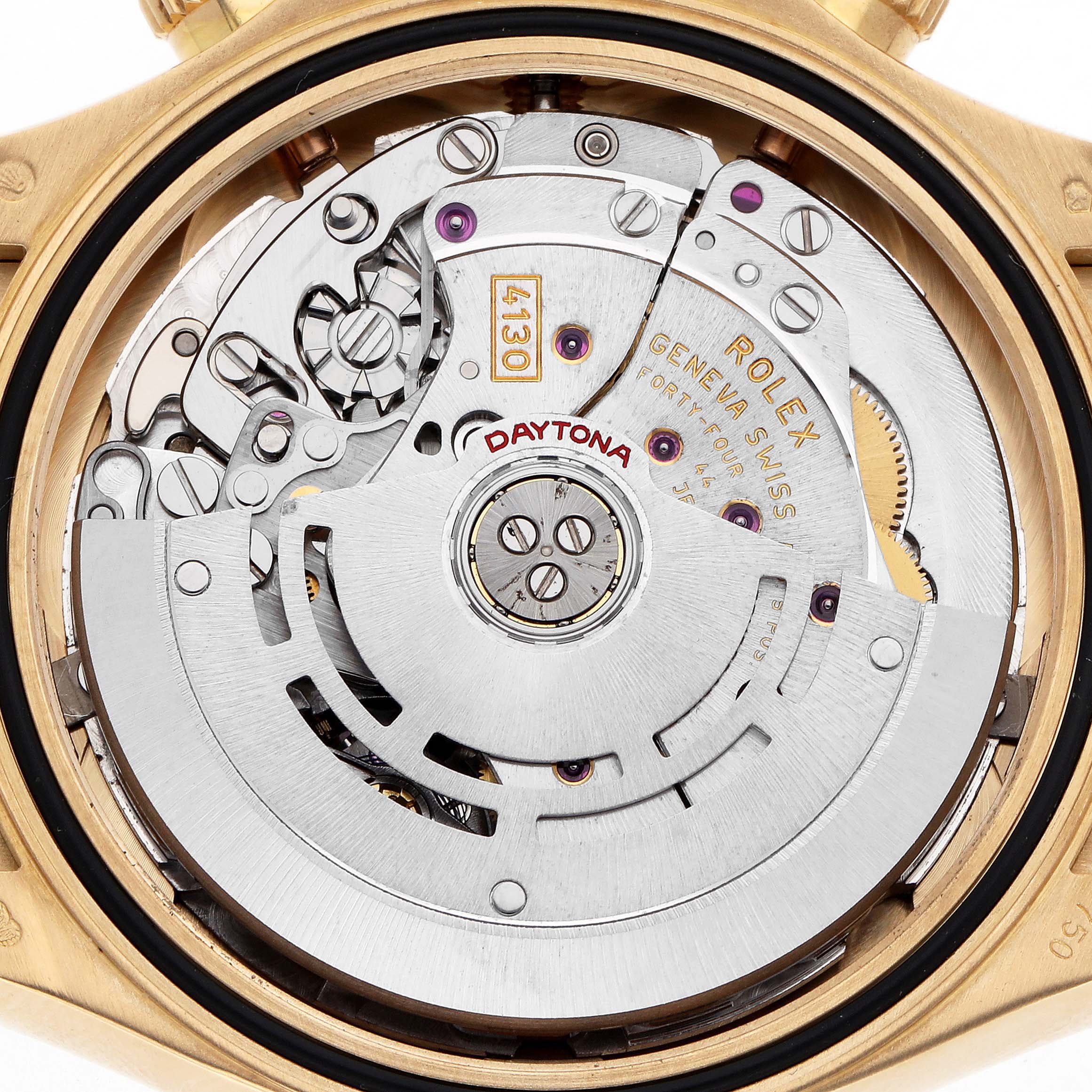 The image shows the movement of a Rolex Daytona 116518 Men
s Yellow Gold Black Dial watch, highlighting its intricate rotor and mechanical components from a top-down angle.