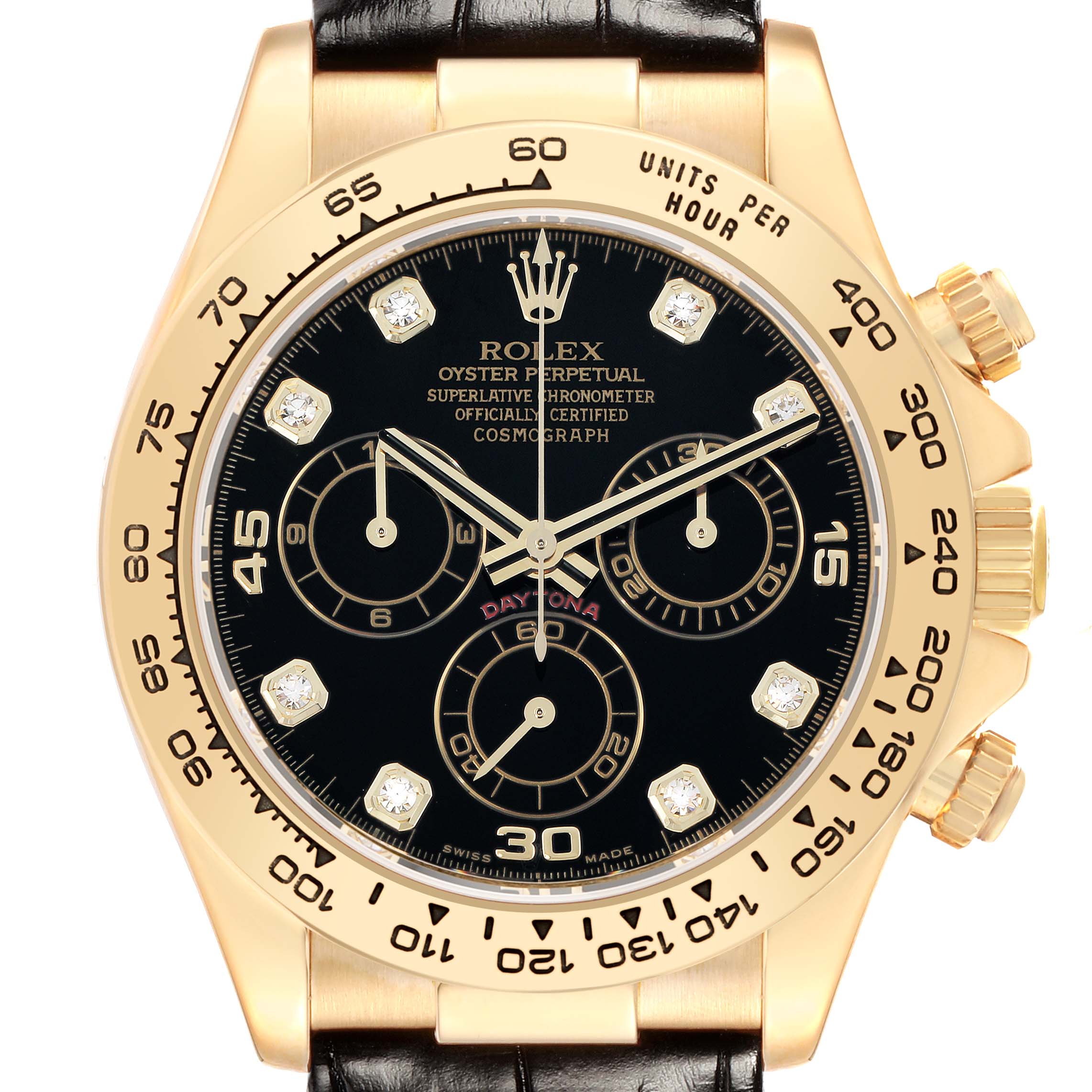 The Rolex Daytona 116518 Men
s Yellow Gold Black Dial watch is shown from the front, highlighting its dial, subdials, tachymetric scale bezel, and crown.