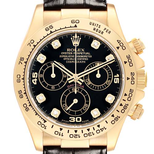 The Rolex Daytona 116518 Men's Yellow Gold Black Dial watch is shown from the front, highlighting its black dial, gold case, and three subdials.
