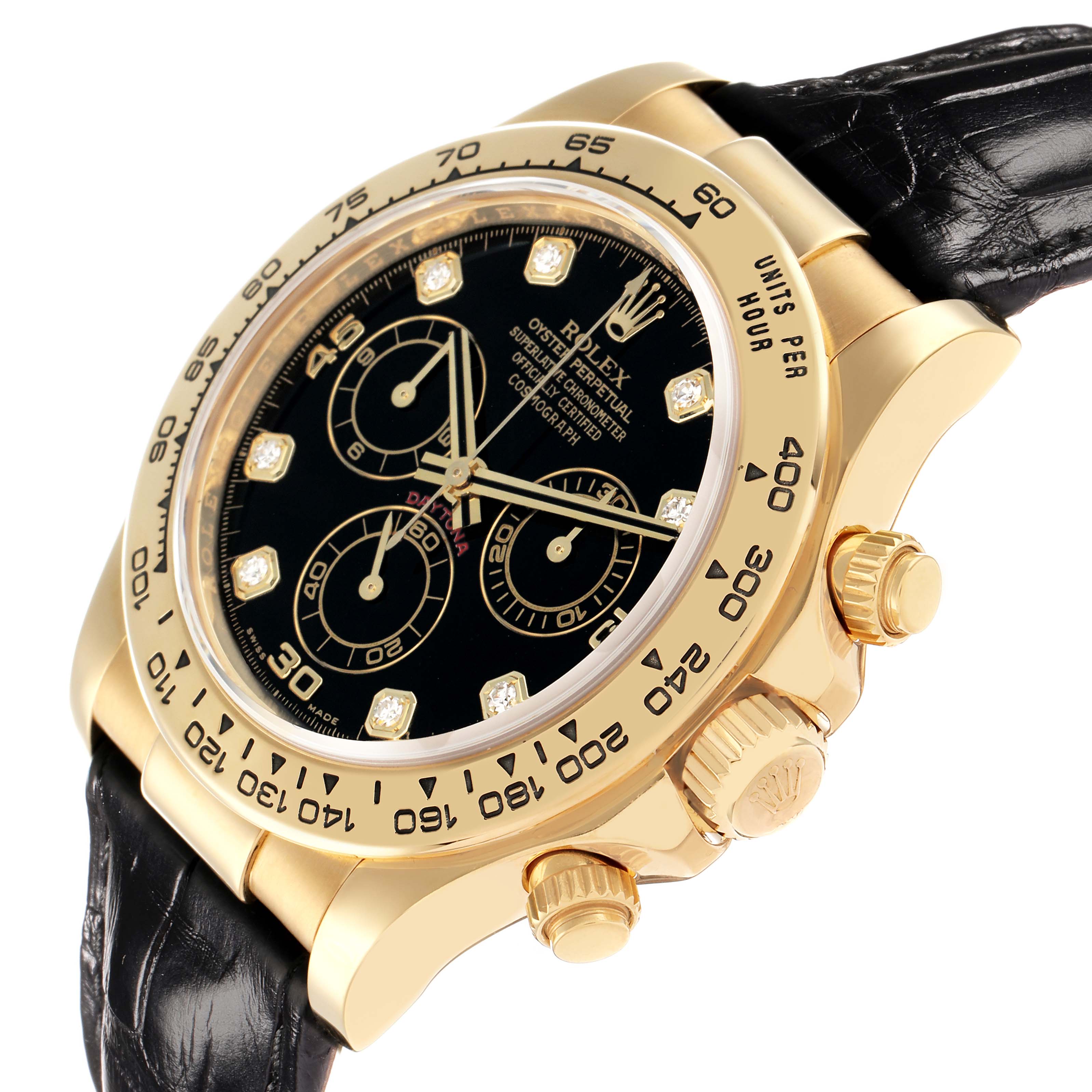 The Rolex Daytona 116518 Men
s Yellow Gold Black Dial watch is shown at a slight angle, highlighting the black dial, gold bezel, pushers, and leather strap.
