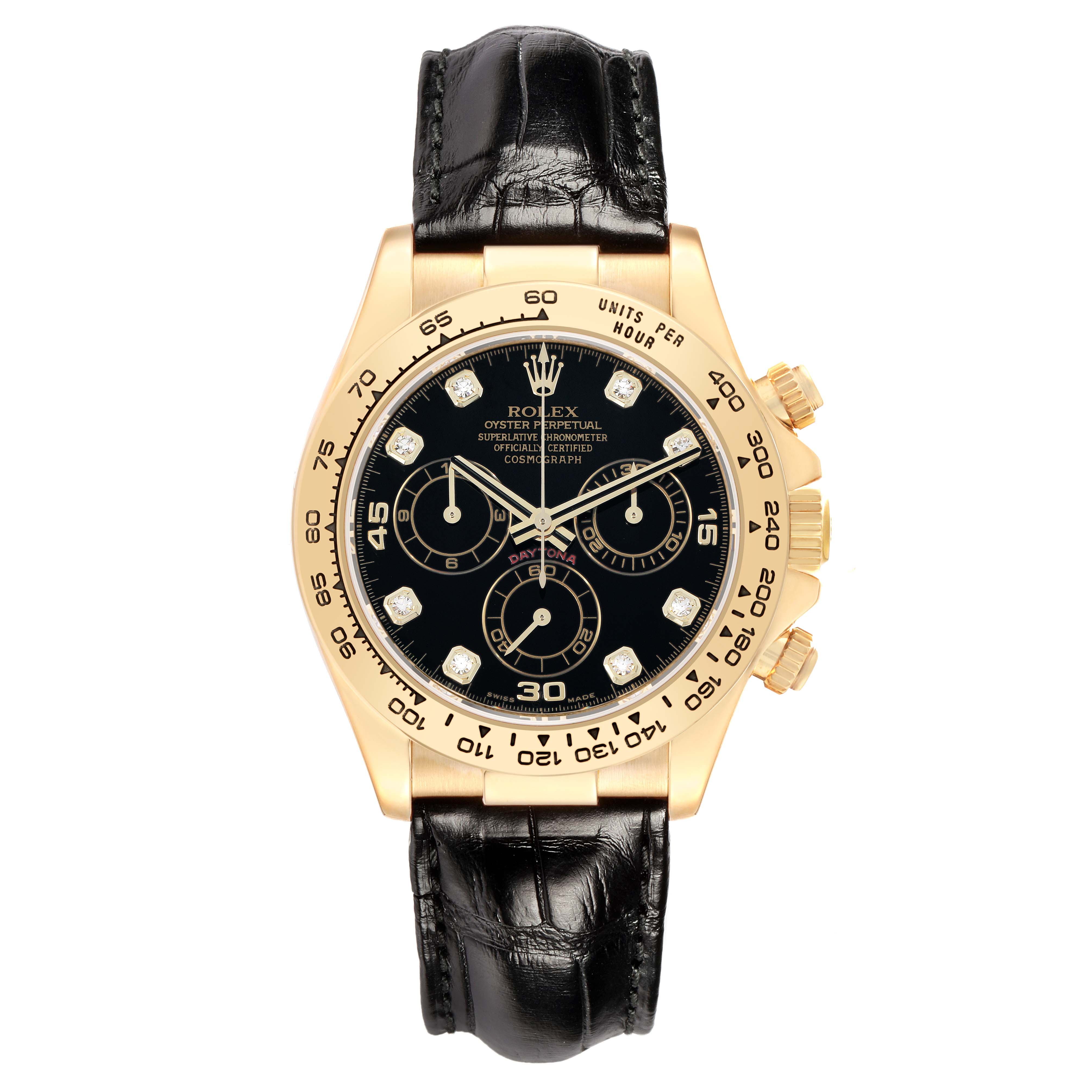 The Rolex Daytona 116518 Men
s Yellow Gold Black Dial watch is shown from a top-down angle, highlighting the dial, bezel, crown, and black leather strap.