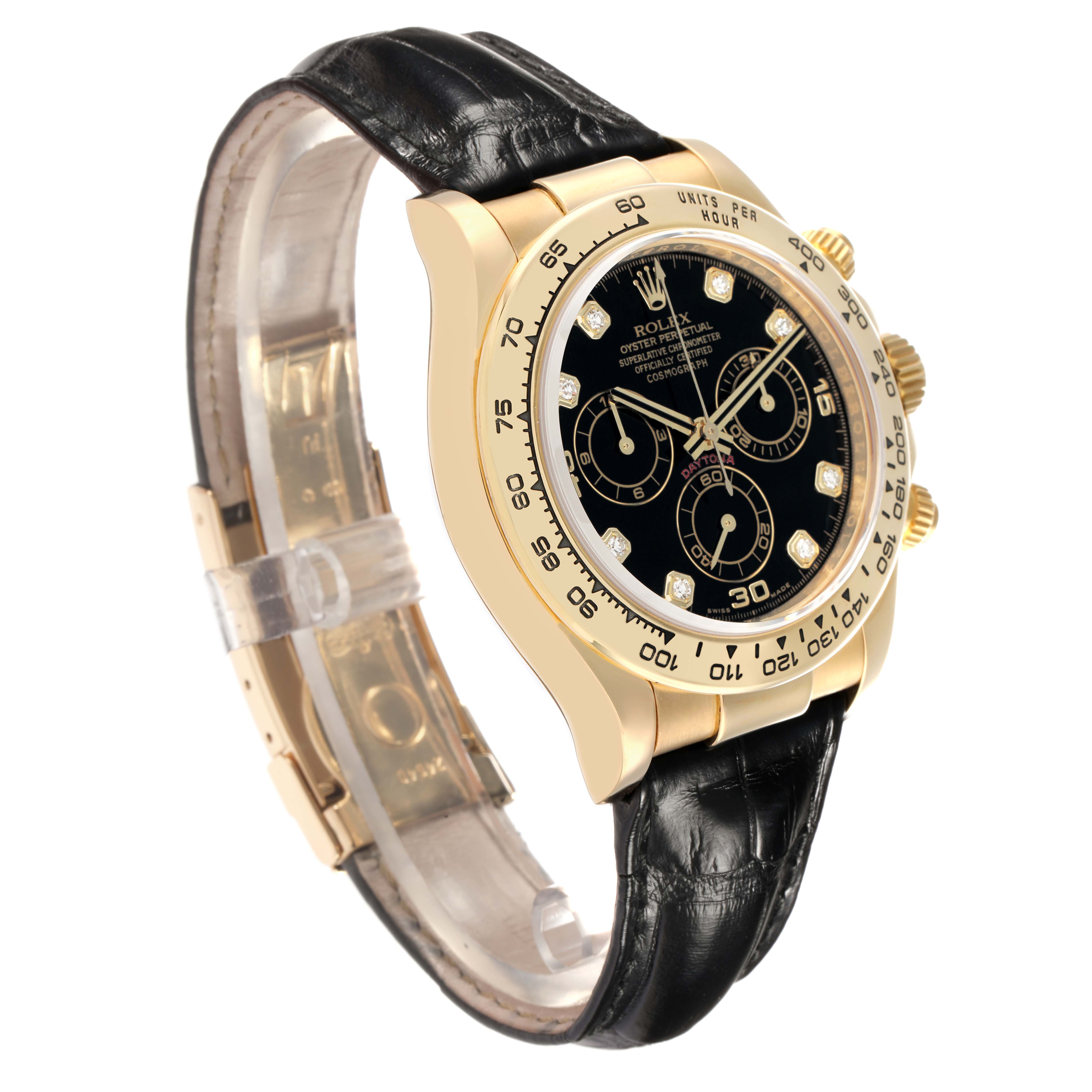 The Rolex Daytona 116518 Men
s Yellow Gold Black Dial watch is shown at a slight angle, featuring its black dial, gold case, and black leather strap.